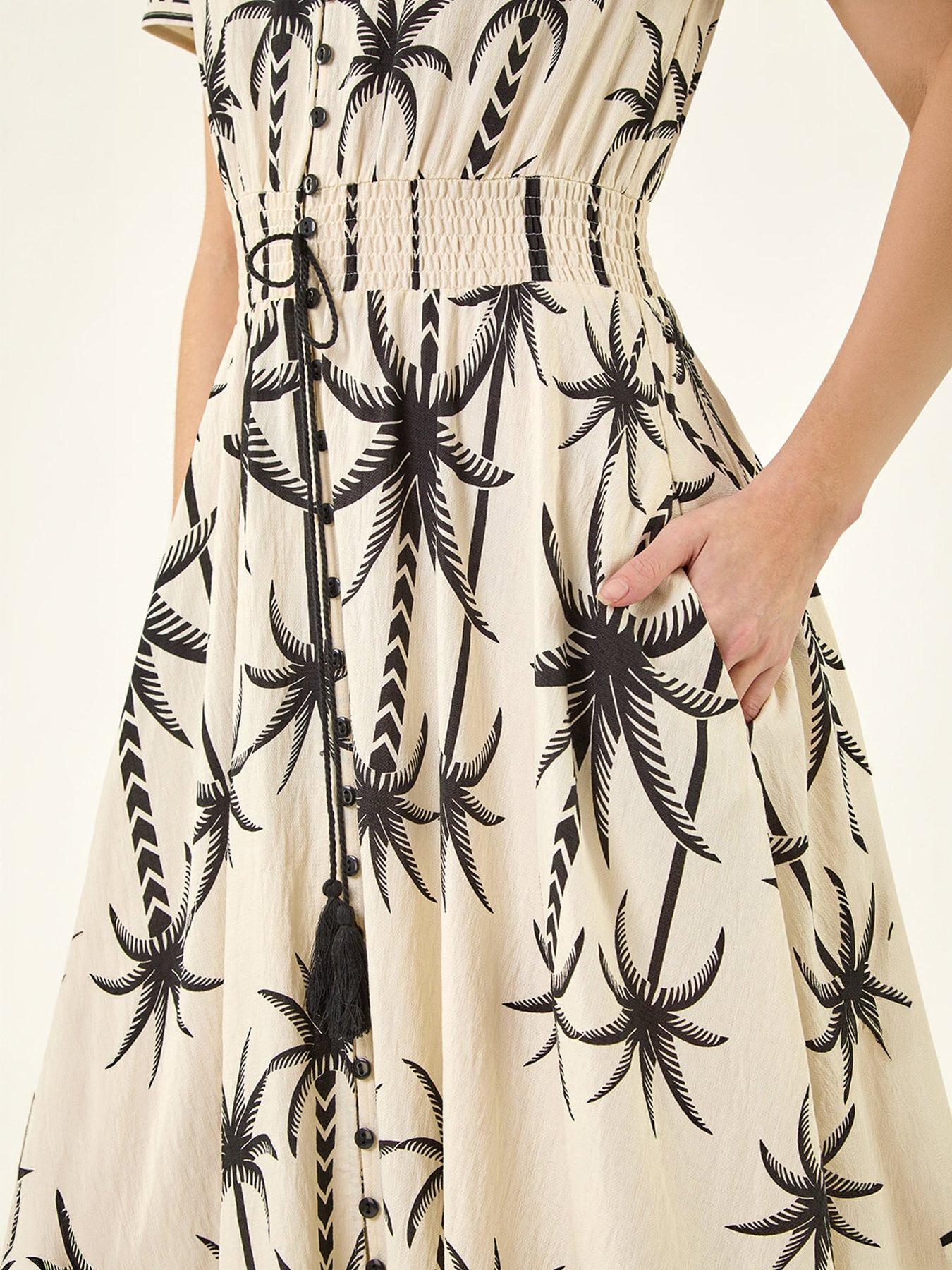 Image 2 of 5 of Roman Palm Print Button Tie Maxi Dress