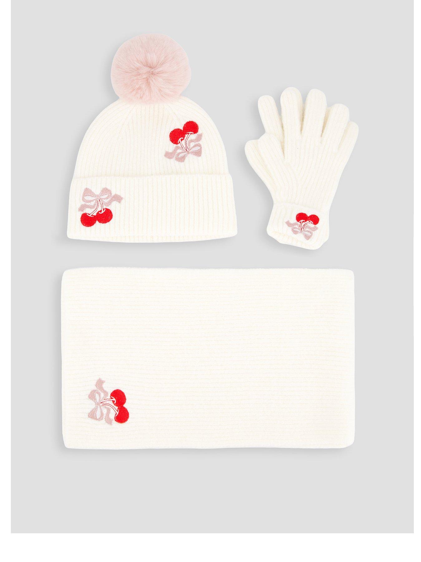 The Very Collection Girls Cherry Embroidery Hat, Scarf And Glove Set - Cream
