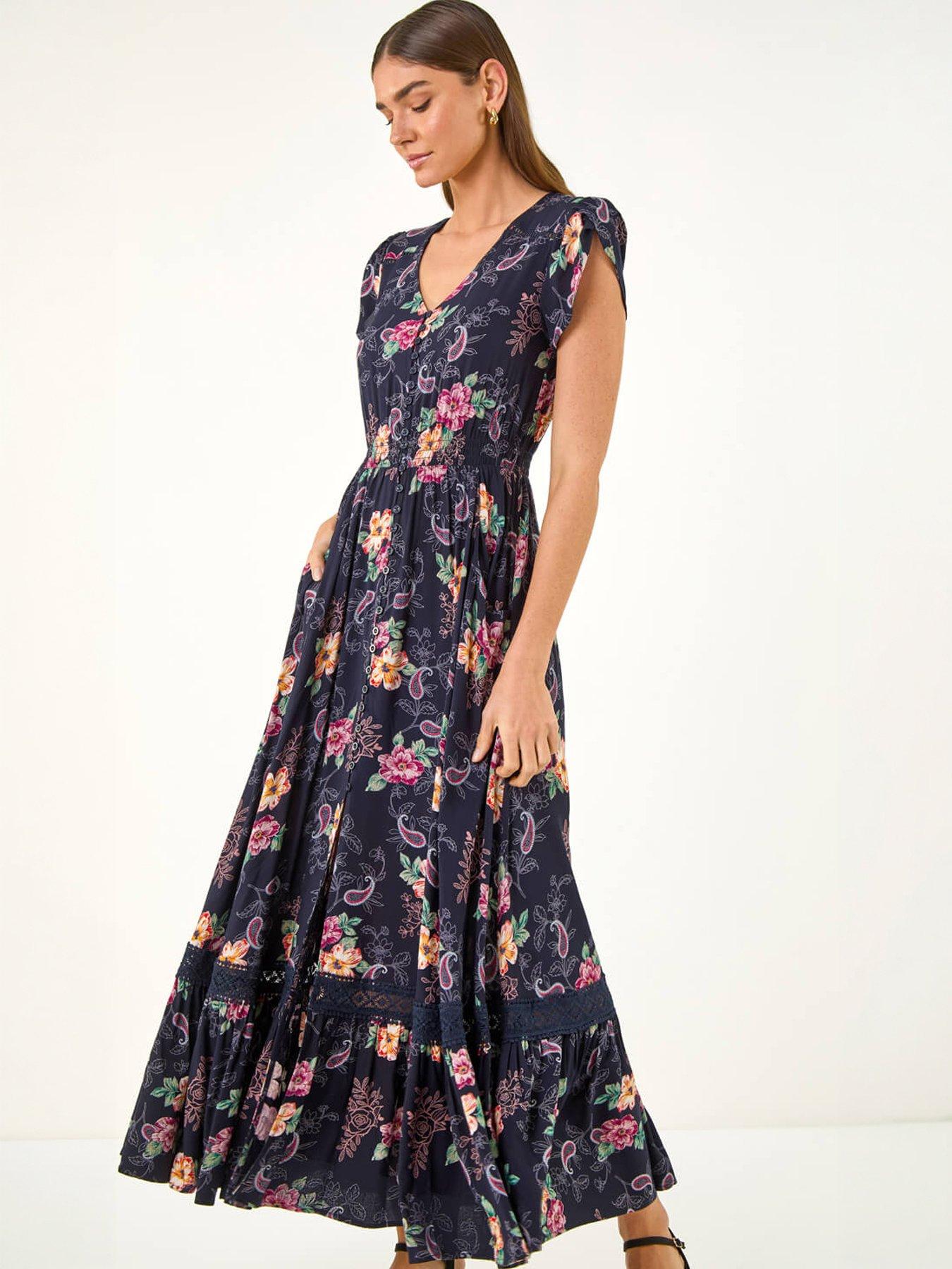 Roman Floral Print Shirred Waist Midi Dress