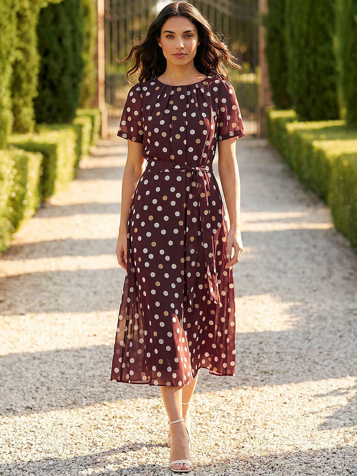 Image 1 of 4 of Roman Polka Dot Pleat Neck Midi Dress