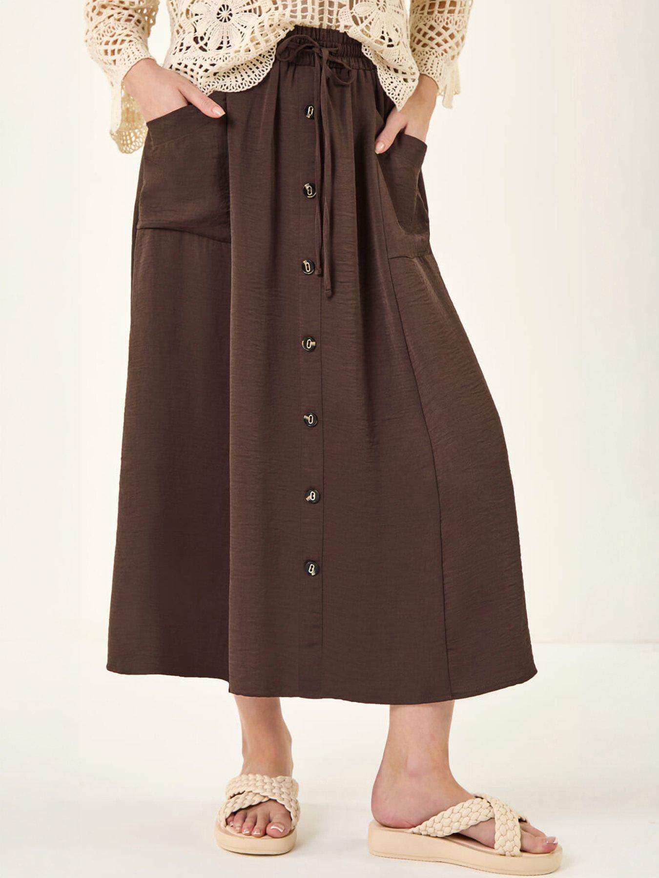 Roman Button Front Tie Midi Skirt - Brown