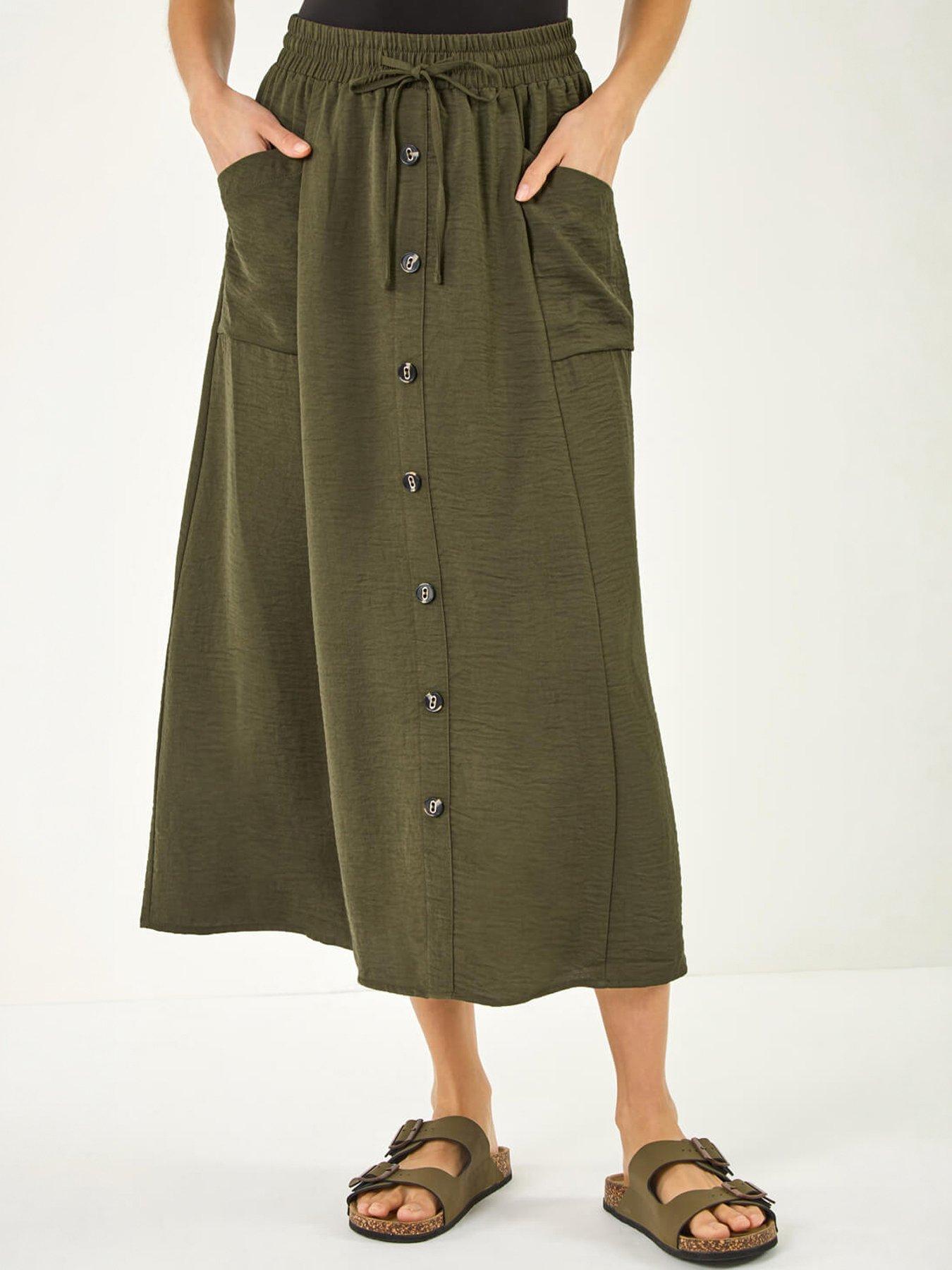 Roman Button Front Tie Midi Skirt