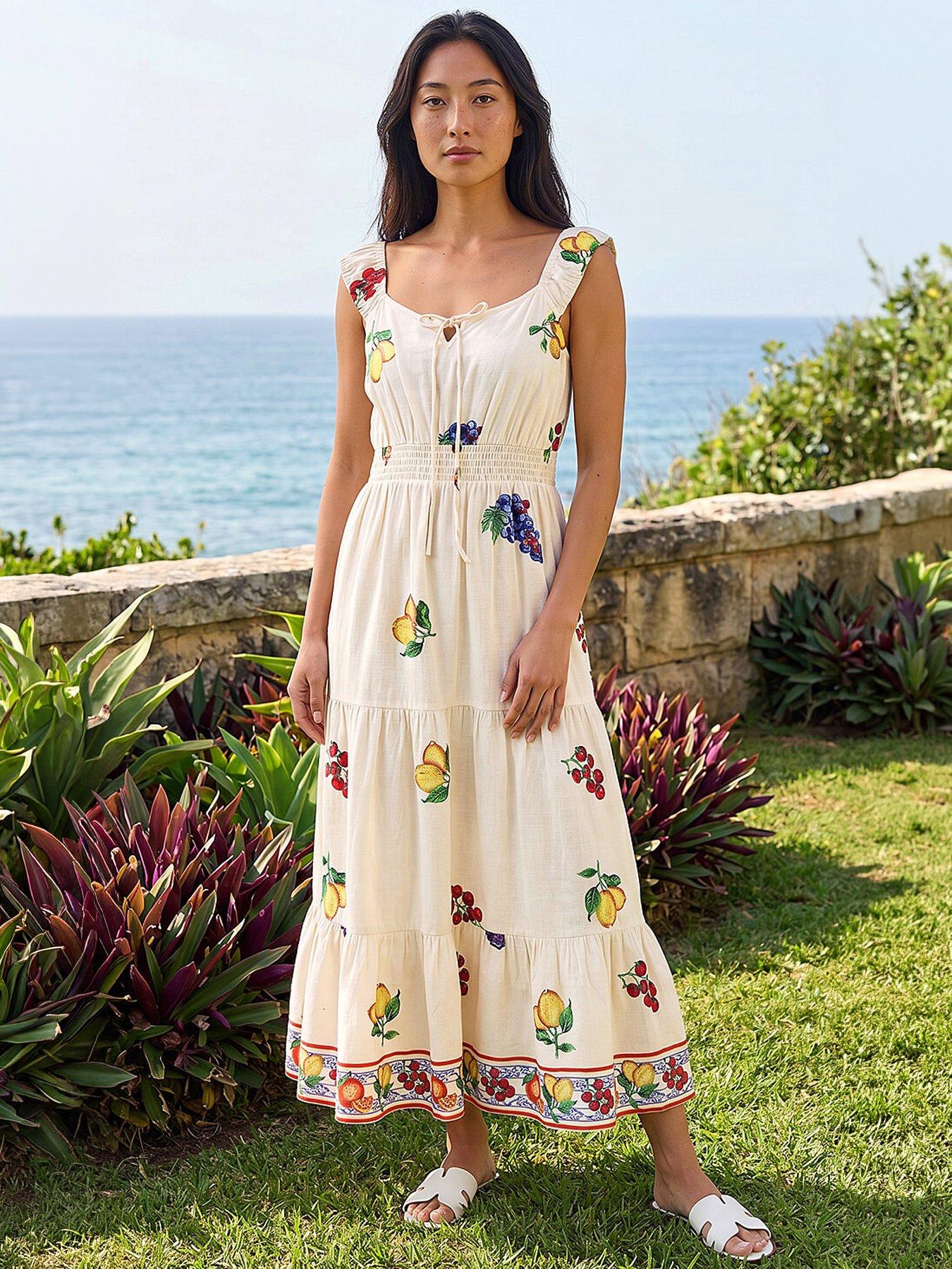 Roman Petite Fruit Print Strappy Midi Dress