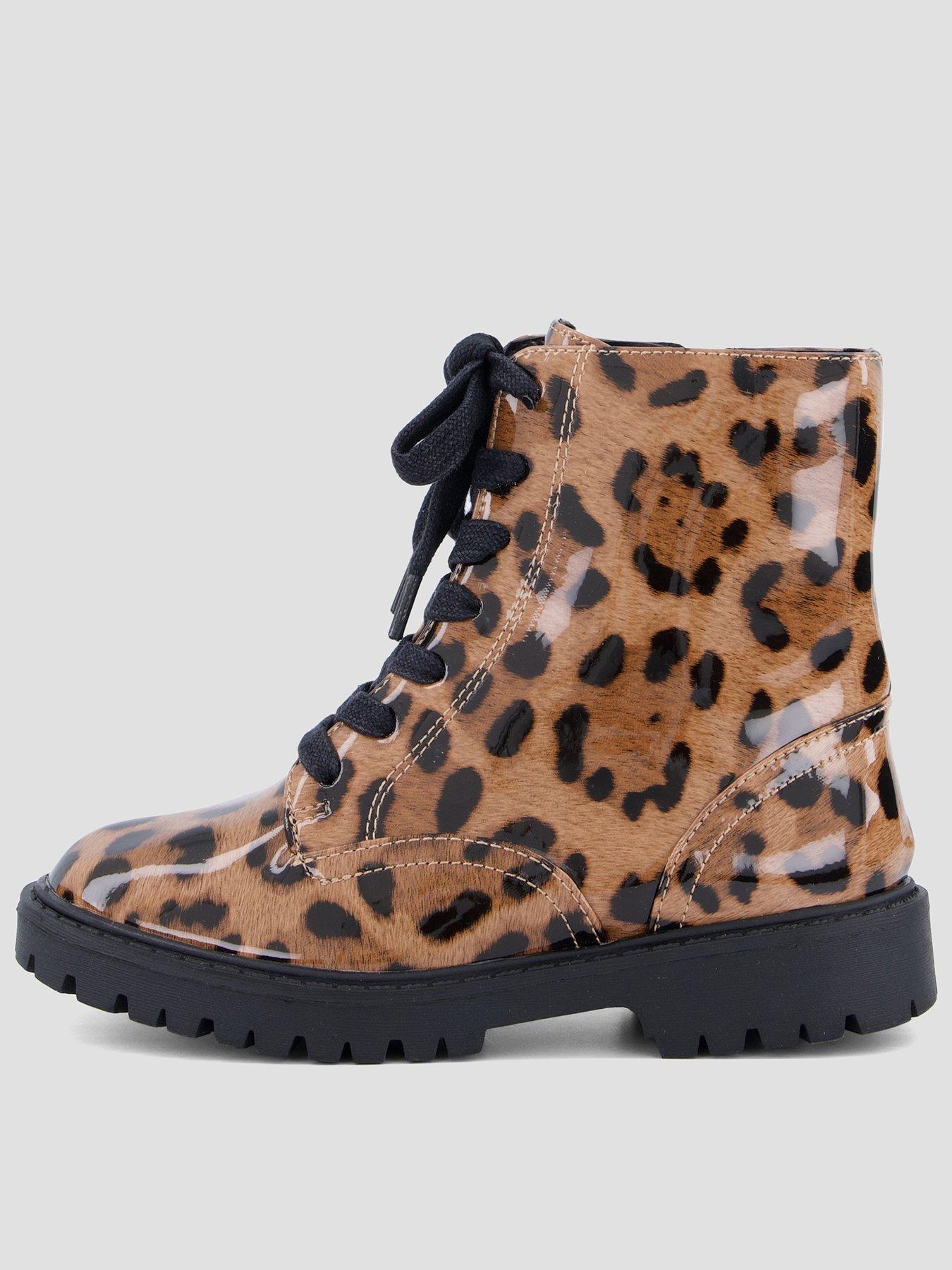 Image 1 of 7 of The Very Collection Girls Patent Leopard Lace Up Zip Chunky Boots - Leopard