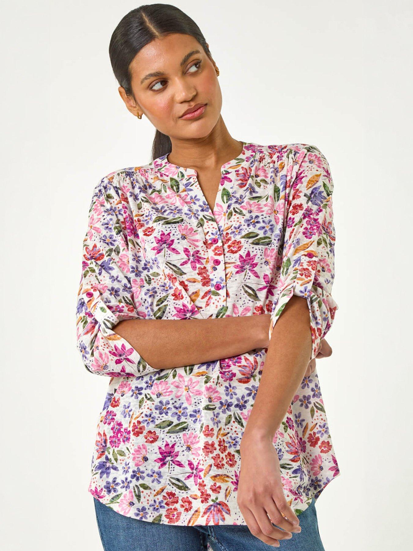 Roman Floral Print Burnout V-neck Top