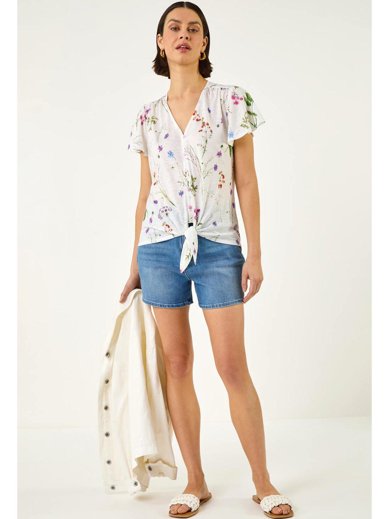 Image 1 of 5 of Roman Floral Print Tie Front Top