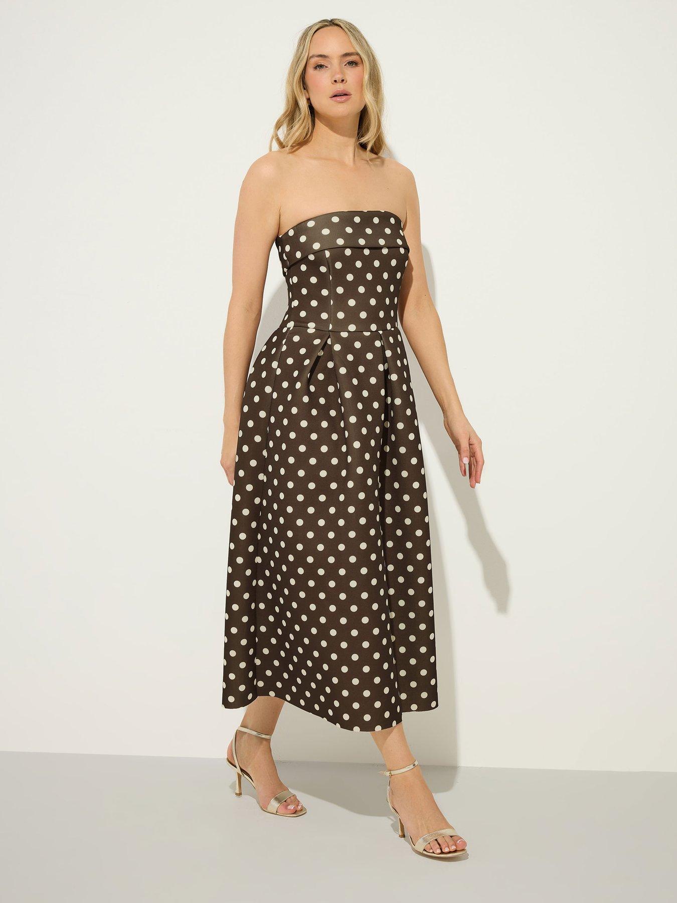 Long Tall Sally Polkadot Pleat Bardot Dress - Brown