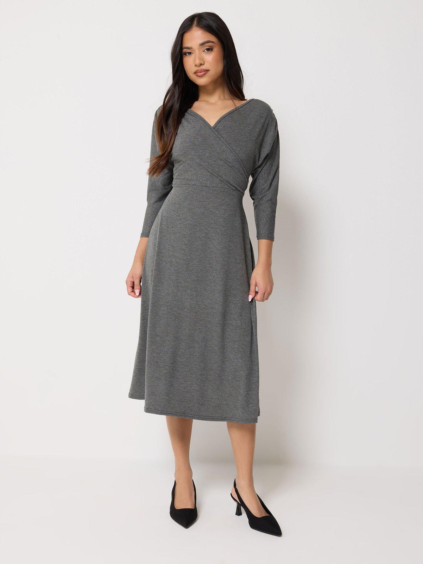Image 1 of 5 of PixieGirl Petite 3/4 Wrap Midi Dress - Grey