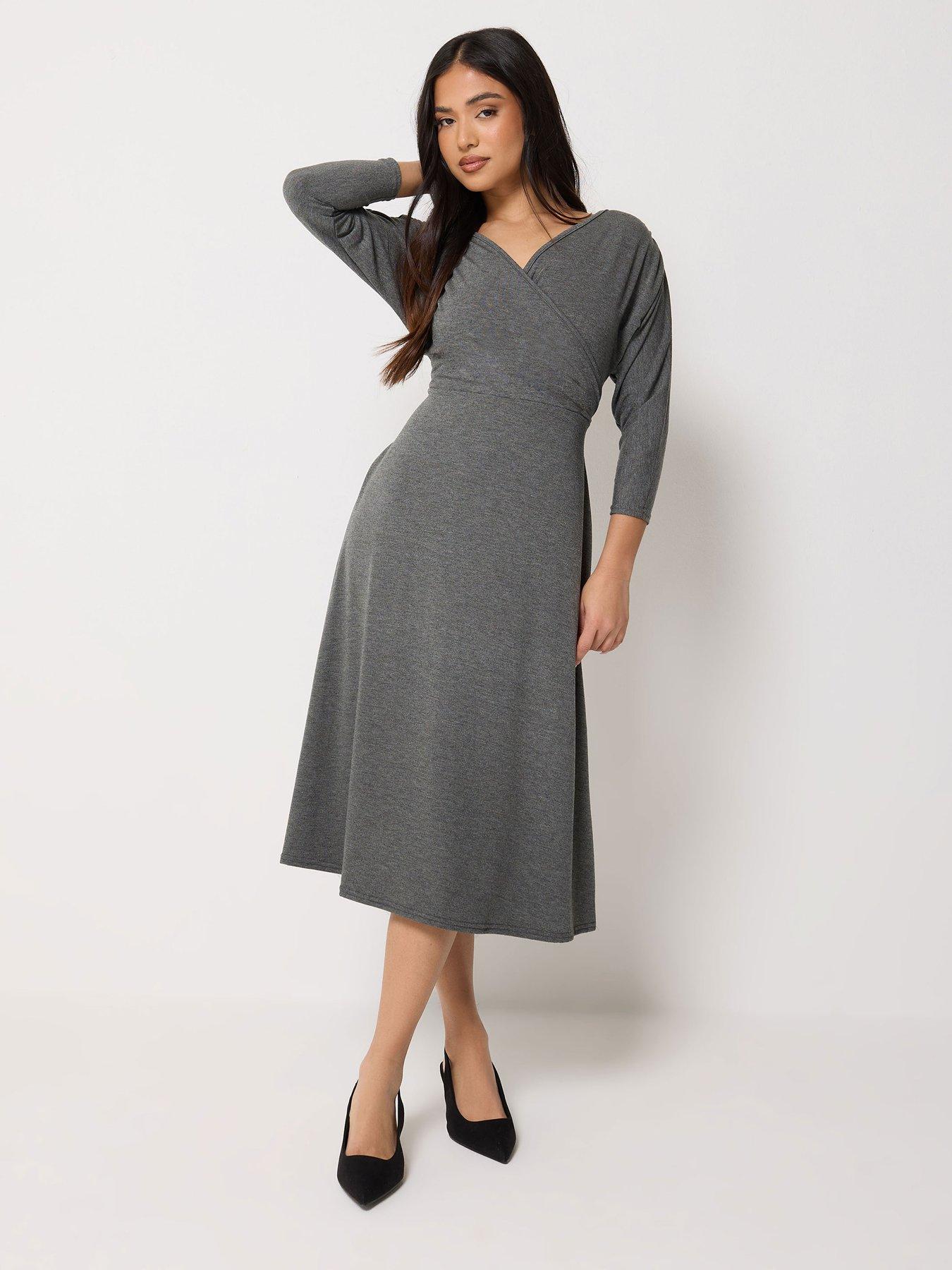Image 3 of 5 of PixieGirl Petite 3/4 Wrap Midi Dress - Grey