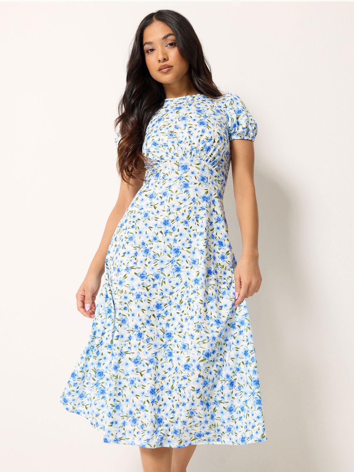Image 1 of 4 of PixieGirl Petite Floral Empire Midi Dress - Blue