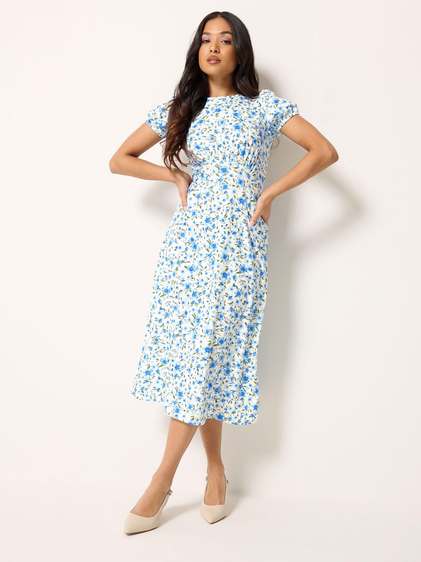 Image 3 of 4 of PixieGirl Petite Floral Empire Midi Dress - Blue