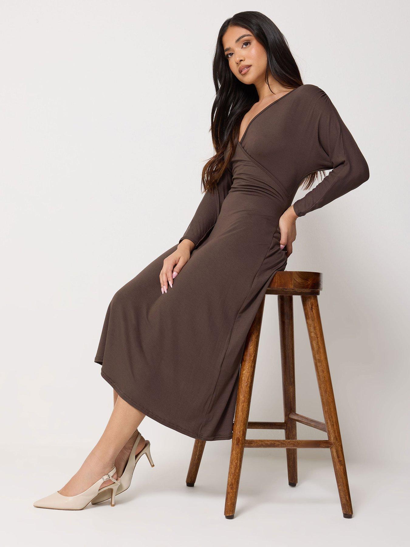 Image 1 of 5 of PixieGirl Petite 3/4 Wrap Midi Dress - Brown