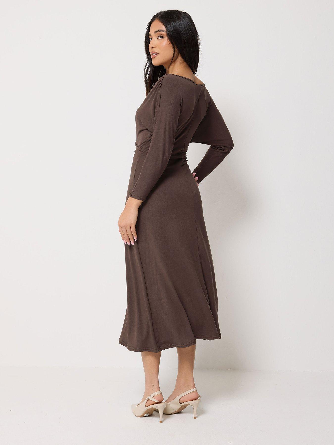 Image 2 of 5 of PixieGirl Petite 3/4 Wrap Midi Dress - Brown
