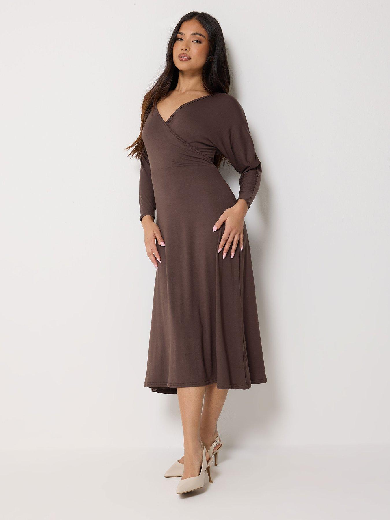 Image 3 of 5 of PixieGirl Petite 3/4 Wrap Midi Dress - Brown