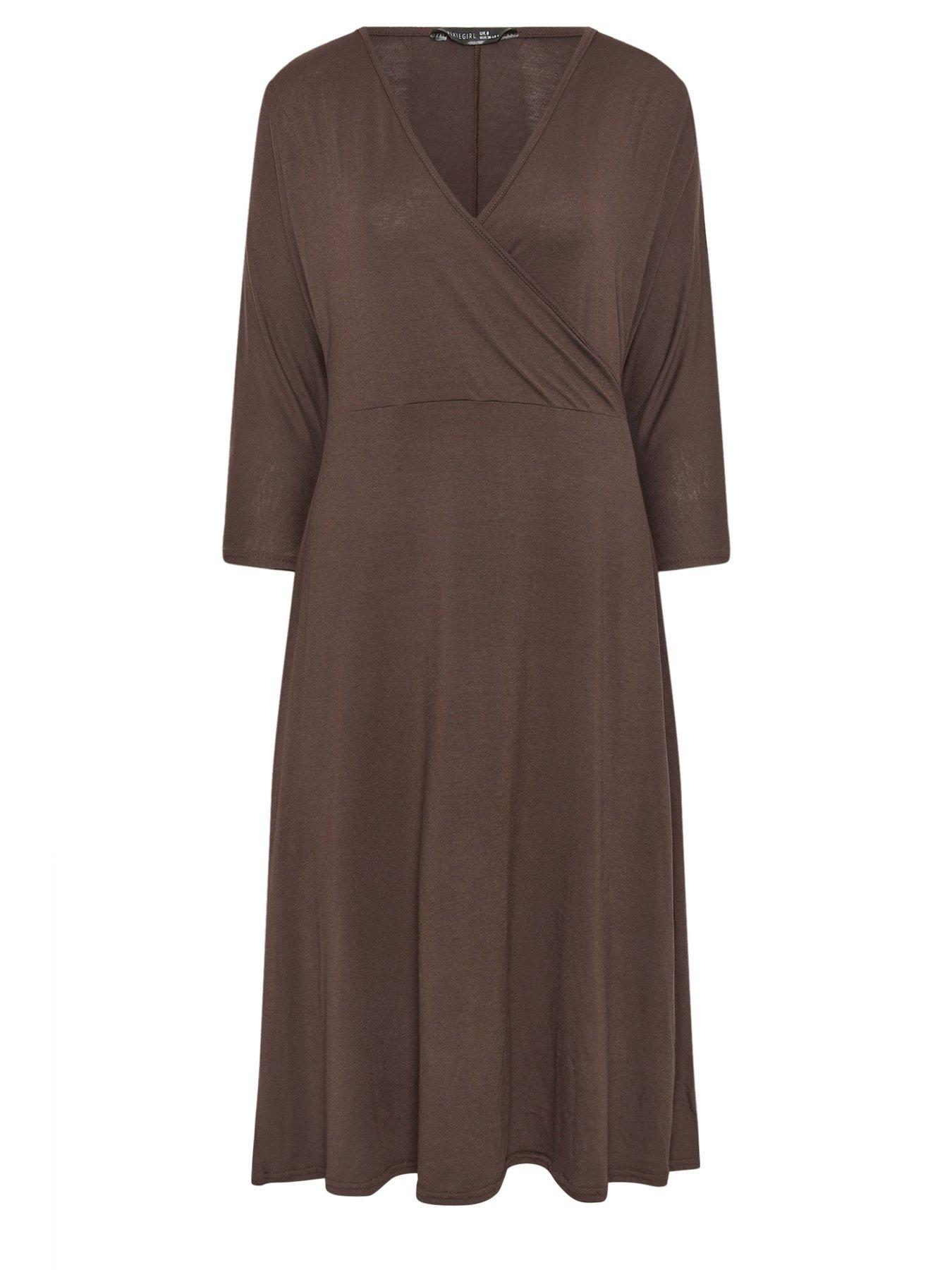 Image 5 of 5 of PixieGirl Petite 3/4 Wrap Midi Dress - Brown
