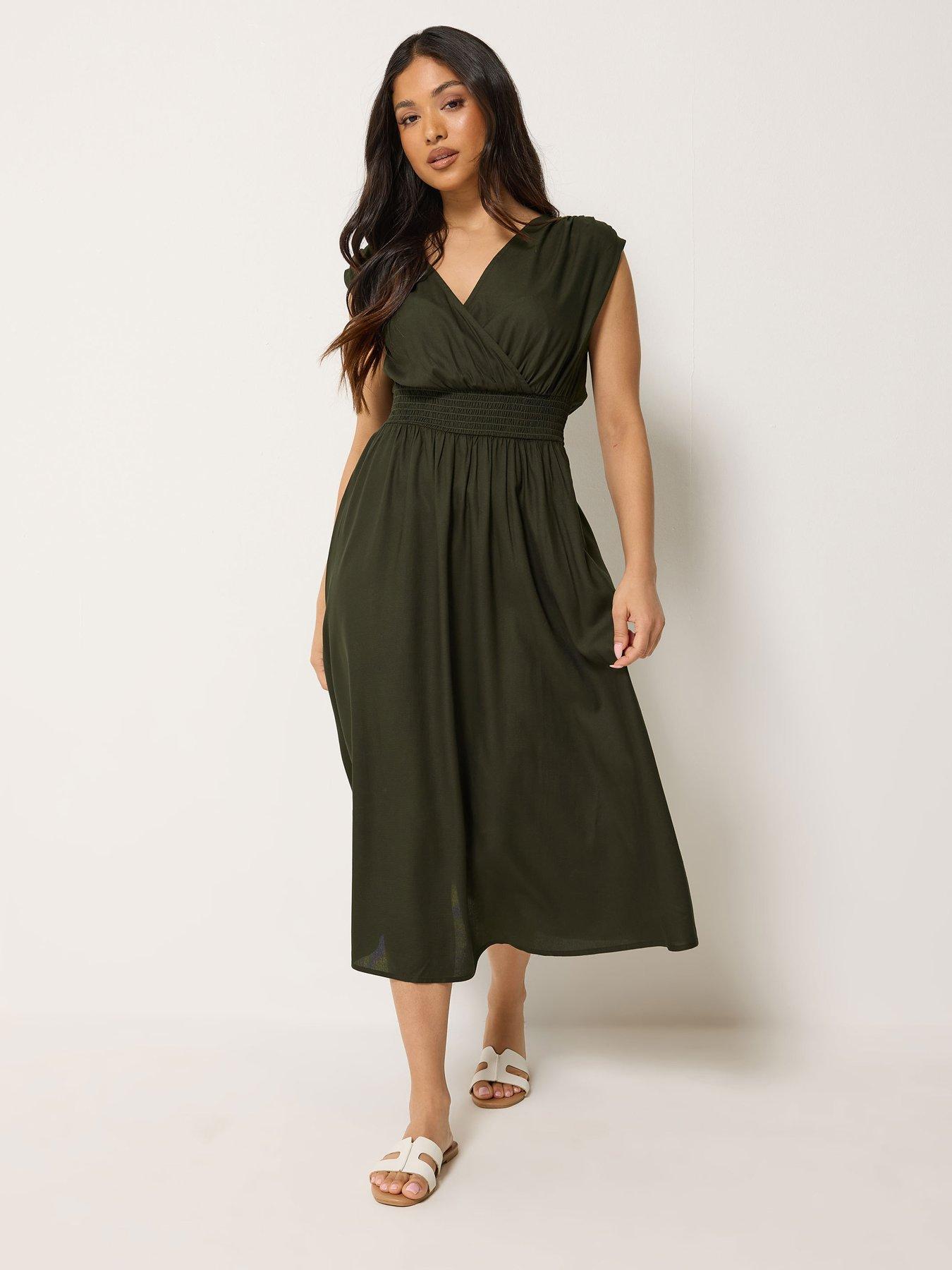 Image 1 of 4 of PixieGirl Petite Wrap Front Midi Dress - Green