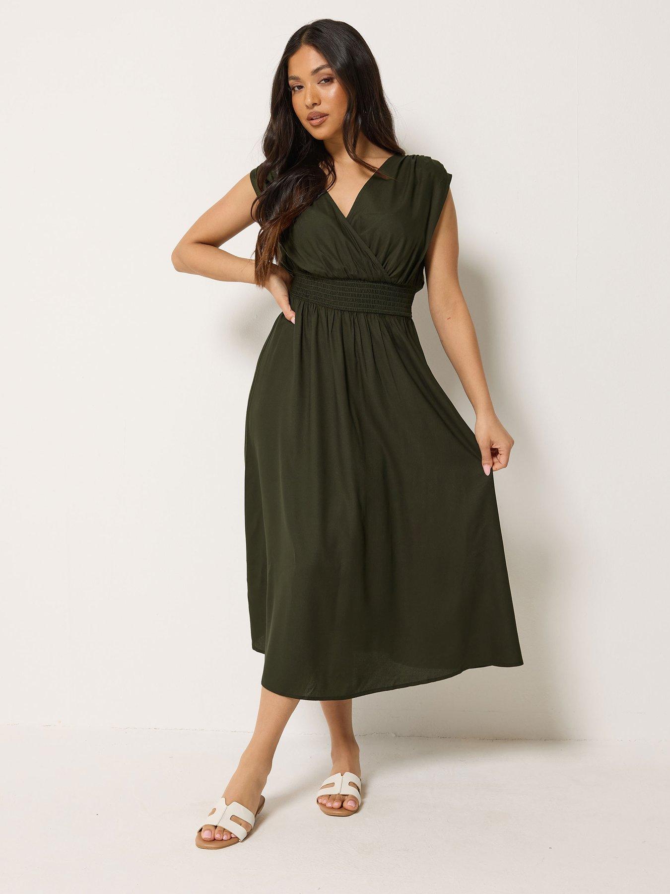 Image 3 of 4 of PixieGirl Petite Wrap Front Midi Dress - Green
