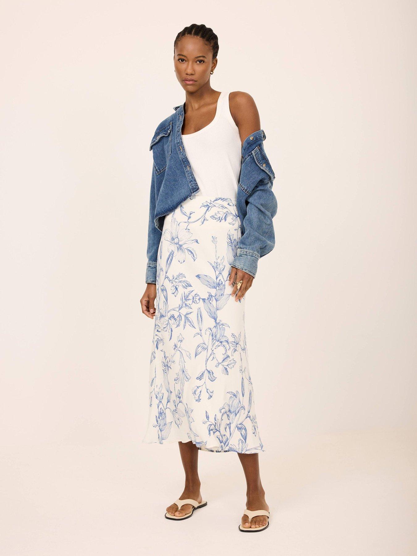 Image 2 of 6 of Mint Velvet Floral Print Slip Skirt - White