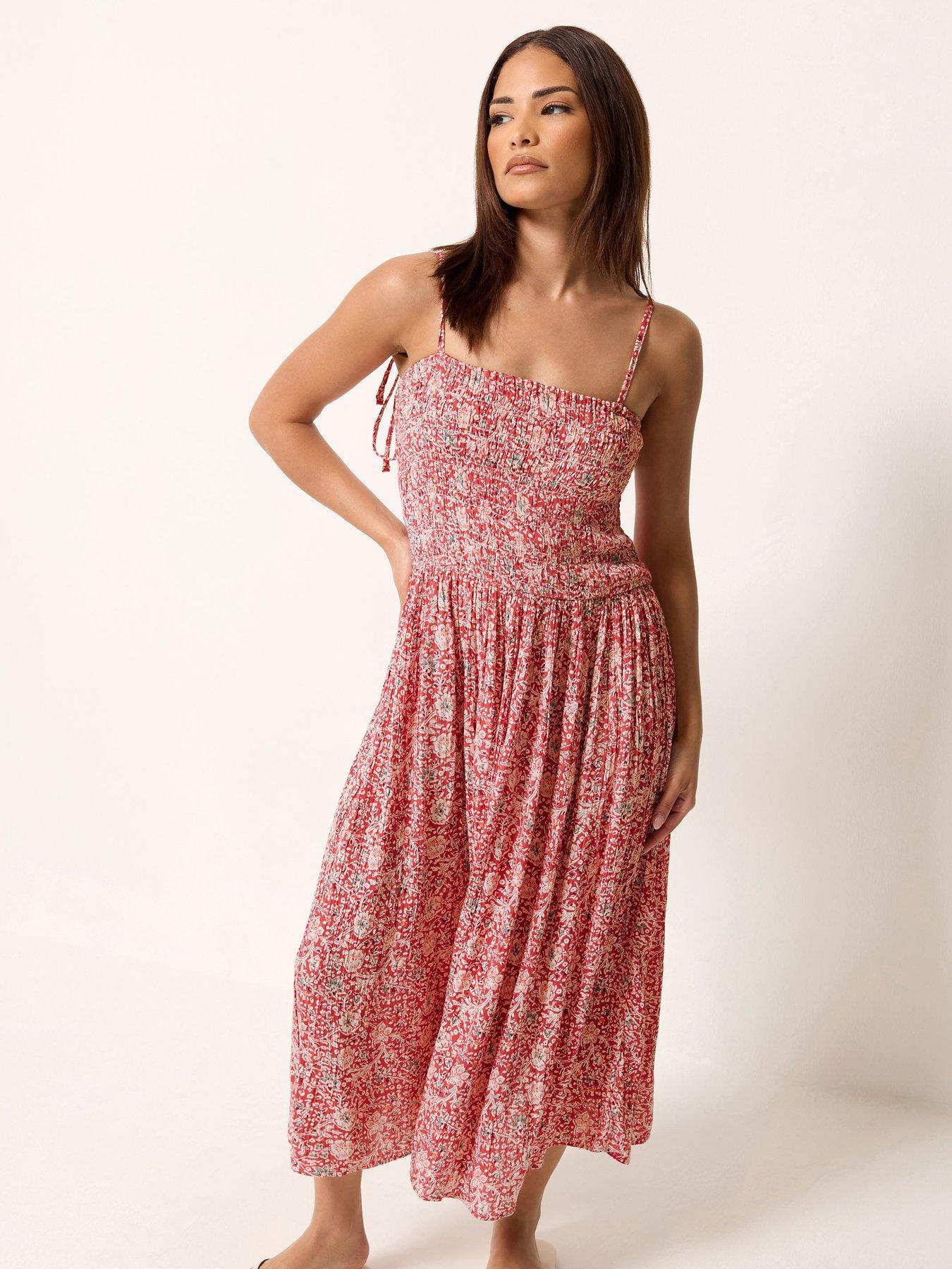 PixieGirl Petite Floral Strappy Midi Dress - Red