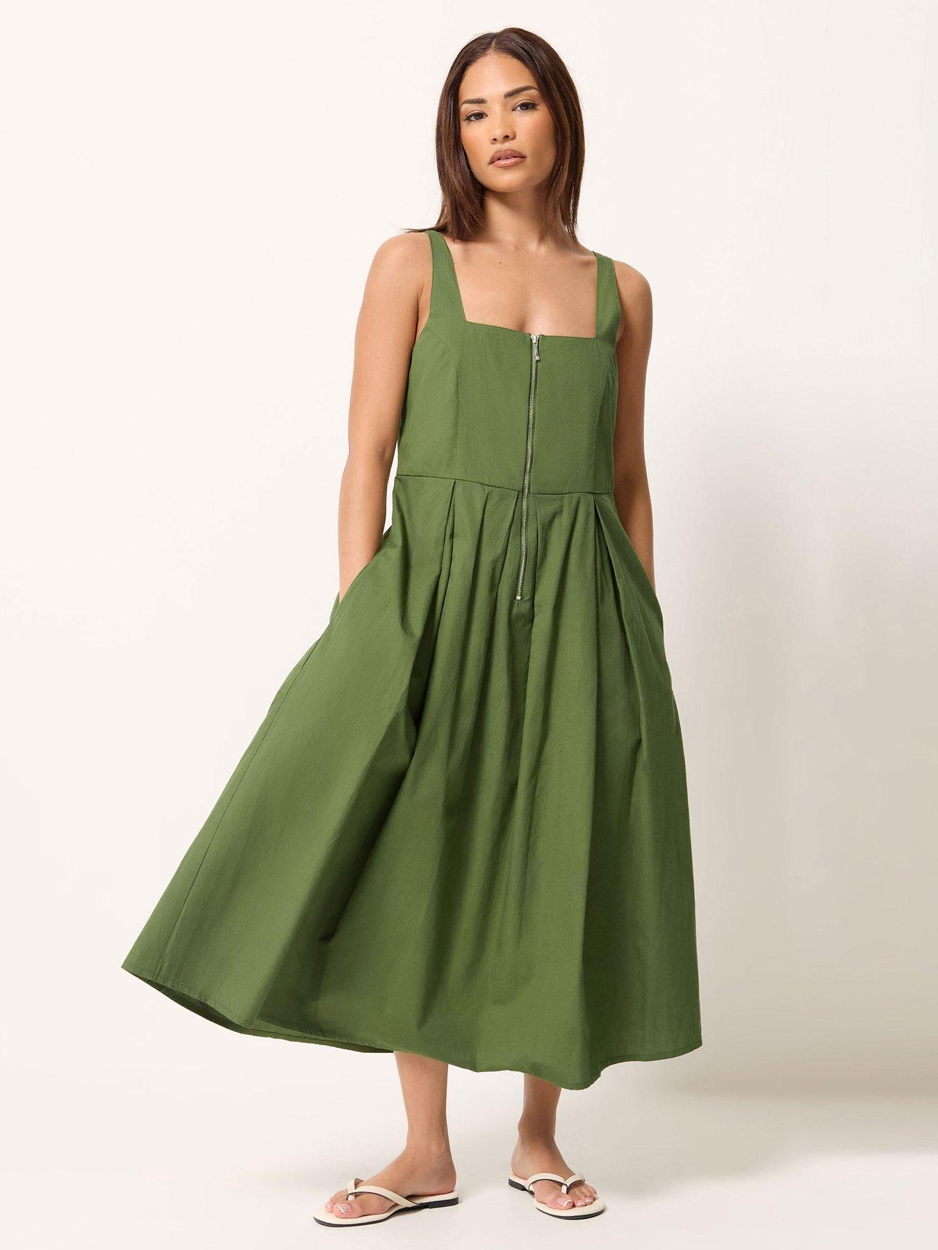 PixieGirl Petite Zip Front Midi Dress - Green