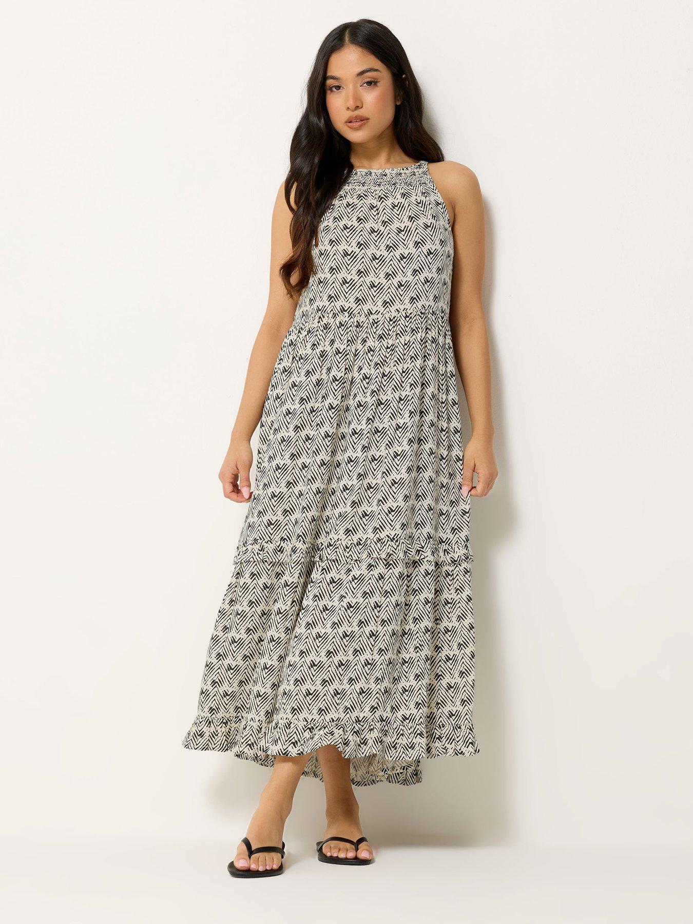 PixieGirl Petite Zig Zag Print Tie Neck Halter Maxi Dress - Cream