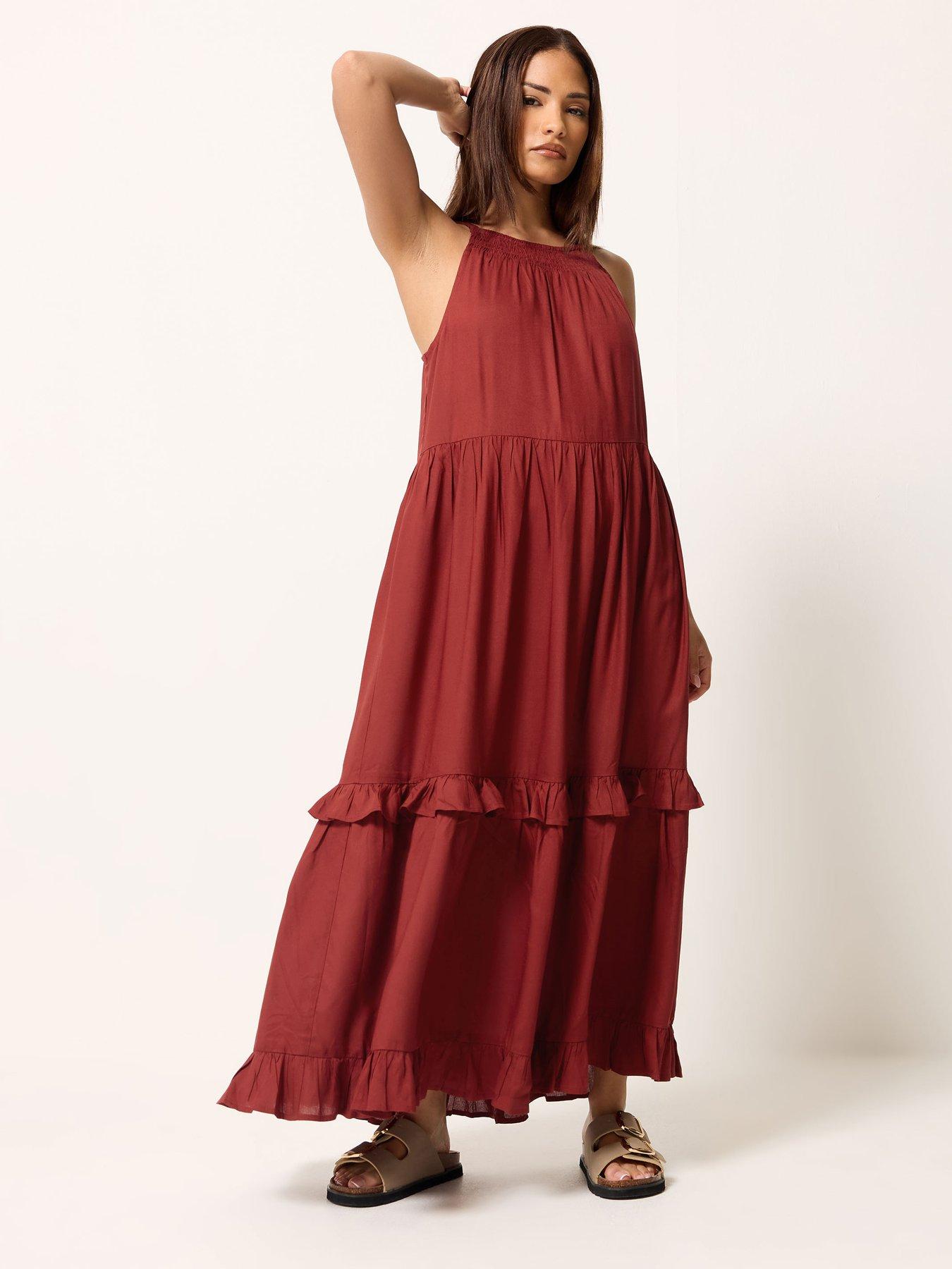 Image 1 of 5 of PixieGirl Petite Tie Neck Halter Maxi Dress - Red