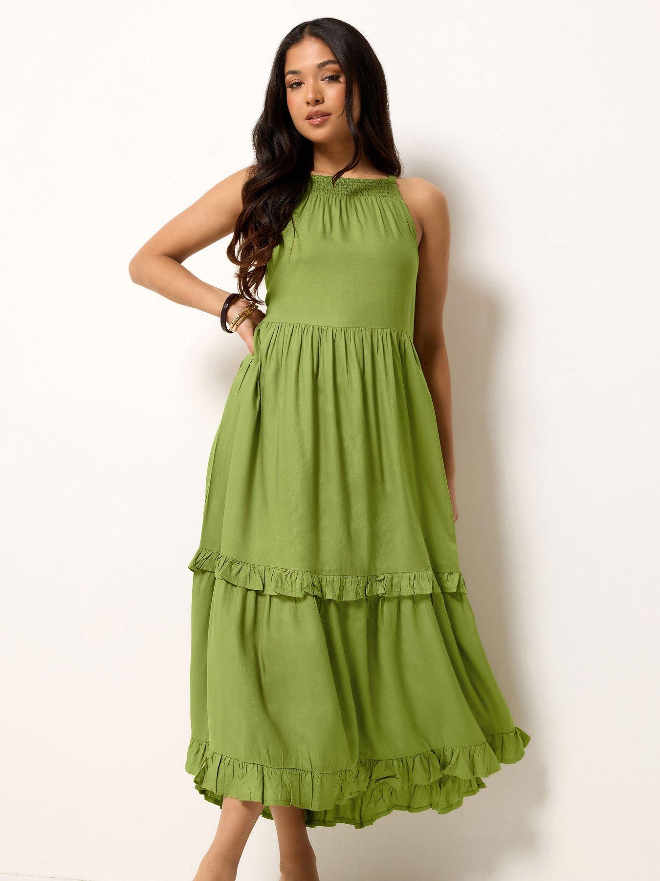 PixieGirl Petite Tie Neck Halter Maxi Dress - Green