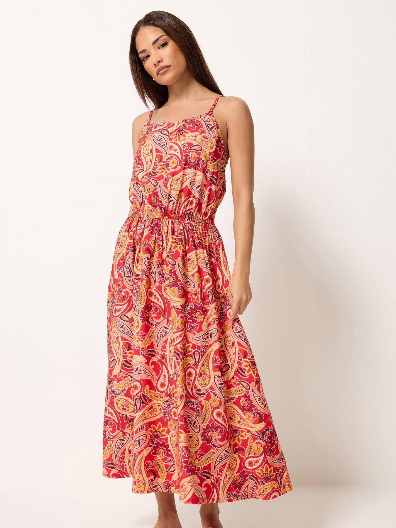 Image 1 of 4 of PixieGirl Petite Paisley Print Midi Dress - Orange