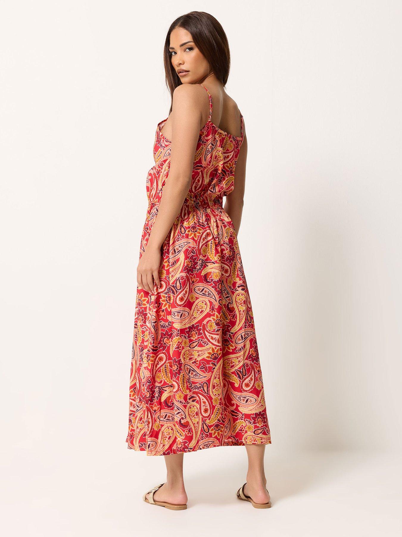 Image 2 of 4 of PixieGirl Petite Paisley Print Midi Dress - Orange