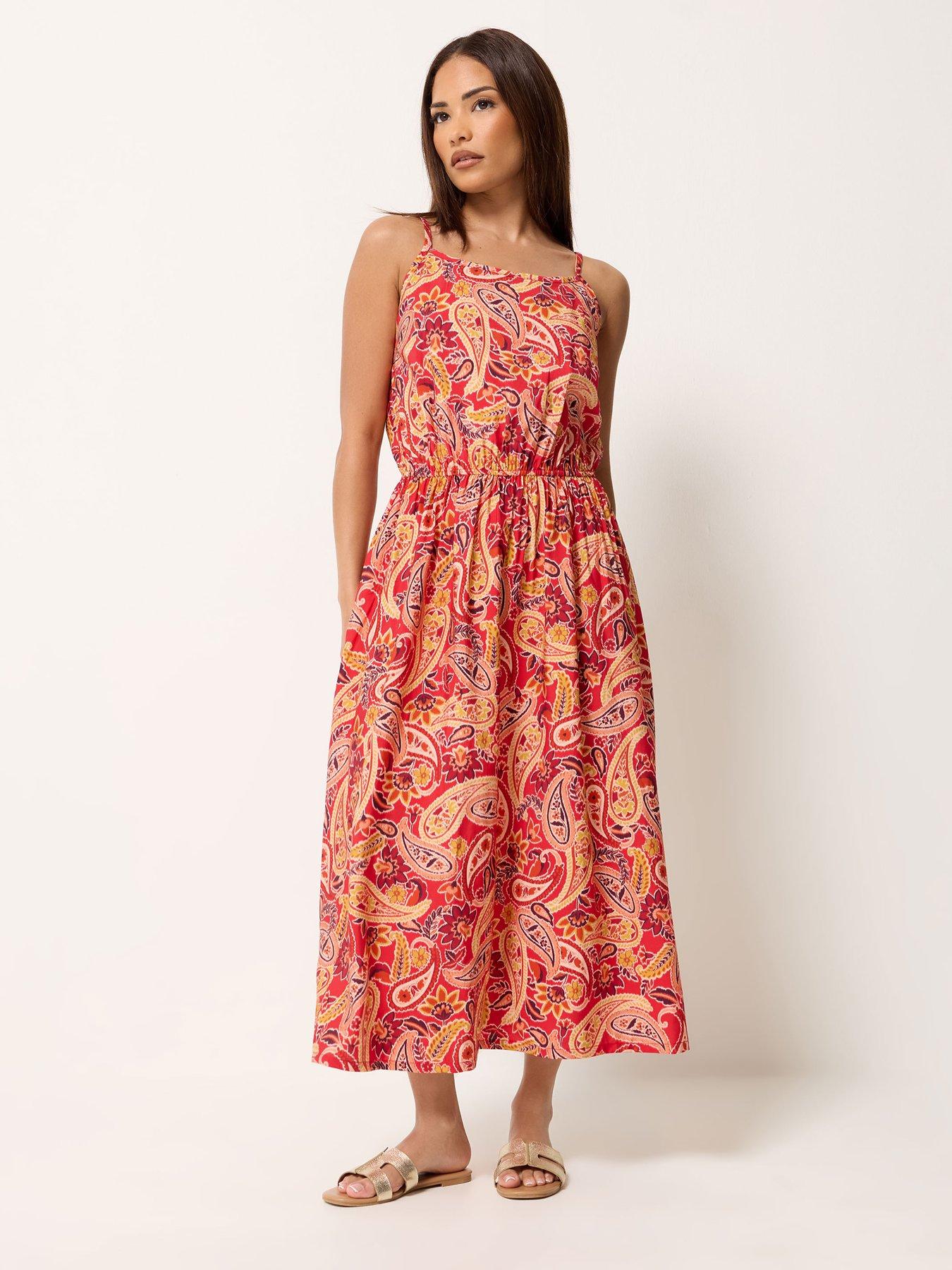 Image 3 of 4 of PixieGirl Petite Paisley Print Midi Dress - Orange