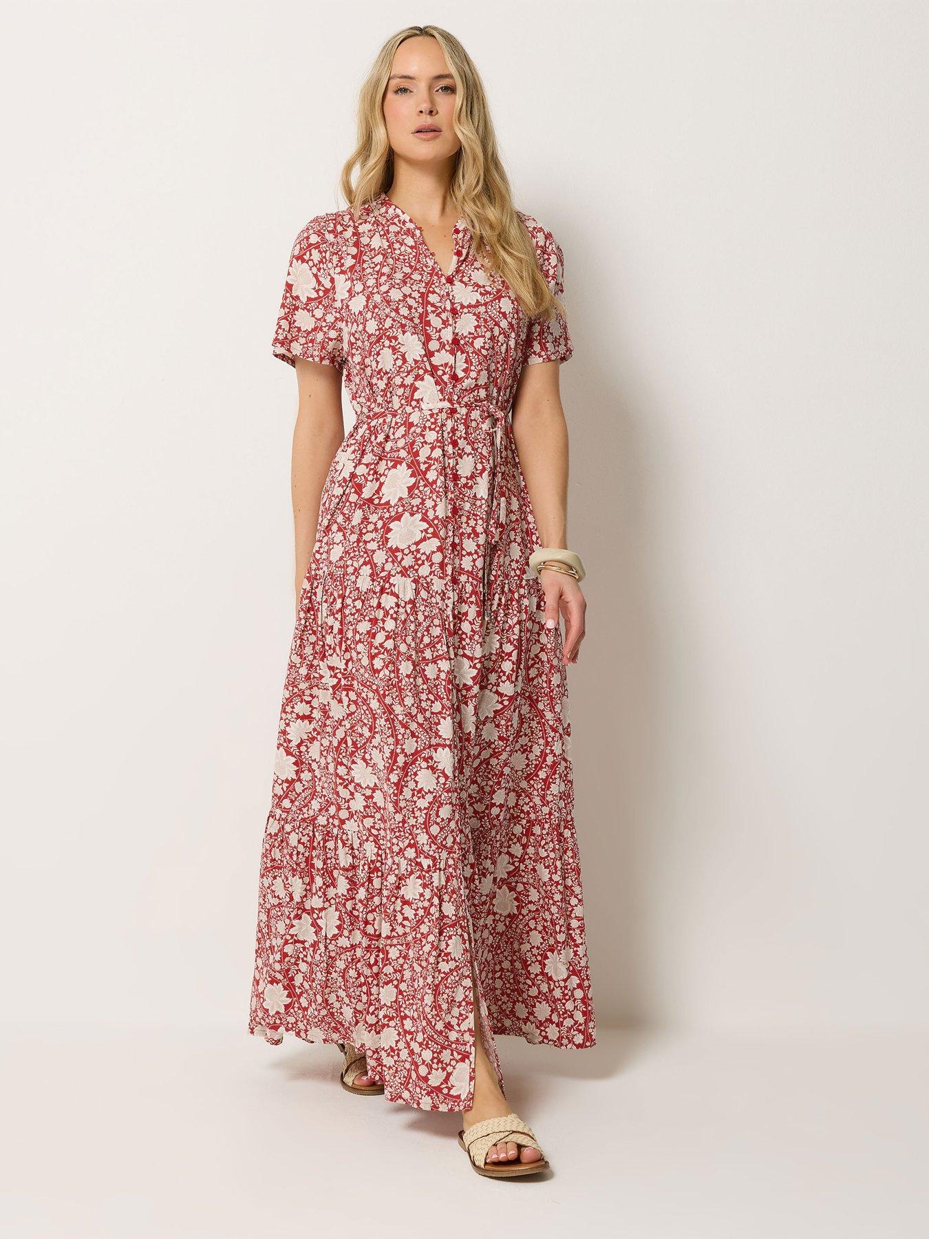 Image 3 of 4 of Long Tall Sally Tile Print Short Sleeve Tie Waist Maxi Dress - Red