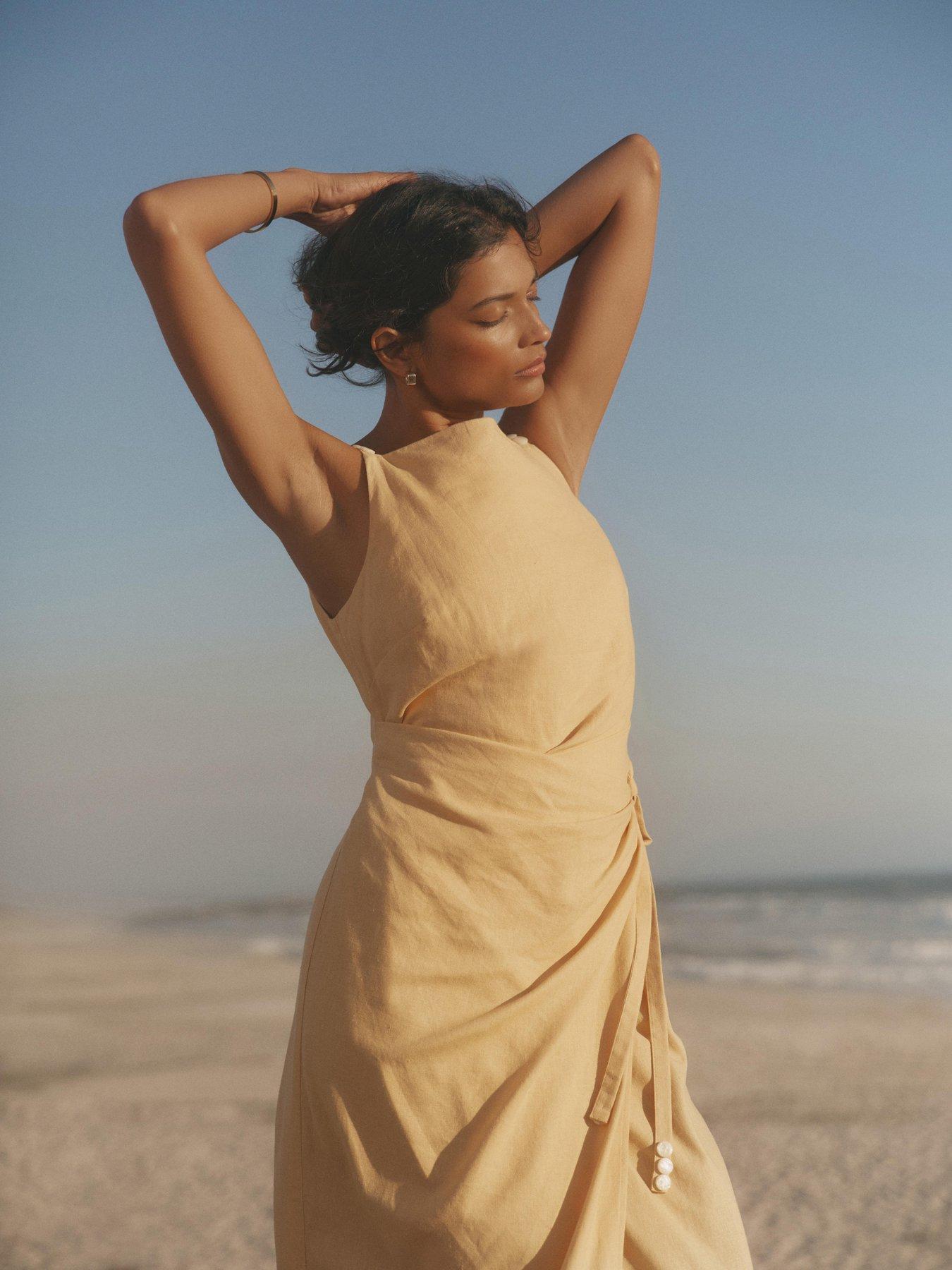 Image 2 of 6 of Mint Velvet Wrap Linen Midi Dress - Yellow