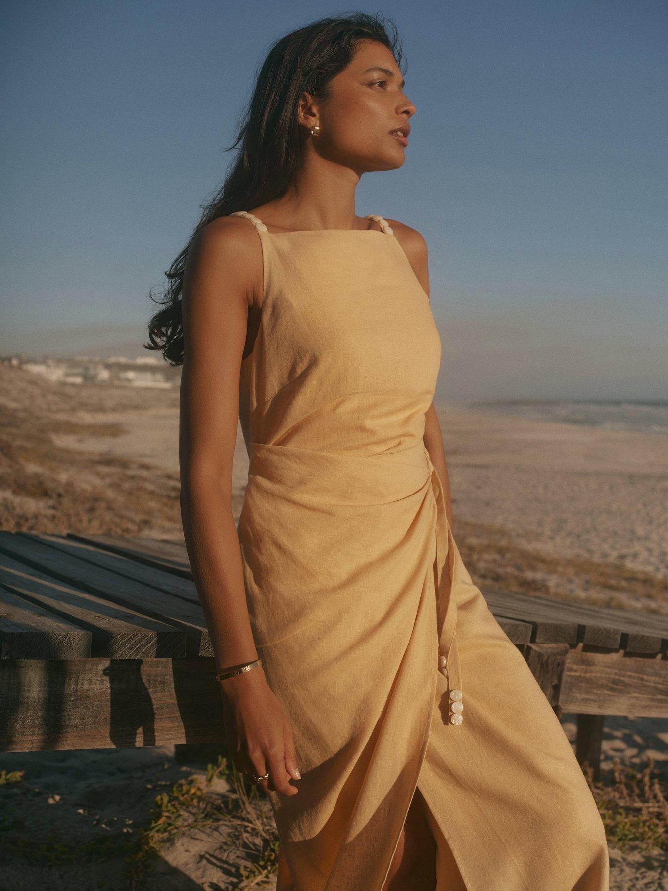 Image 4 of 6 of Mint Velvet Wrap Linen Midi Dress - Yellow