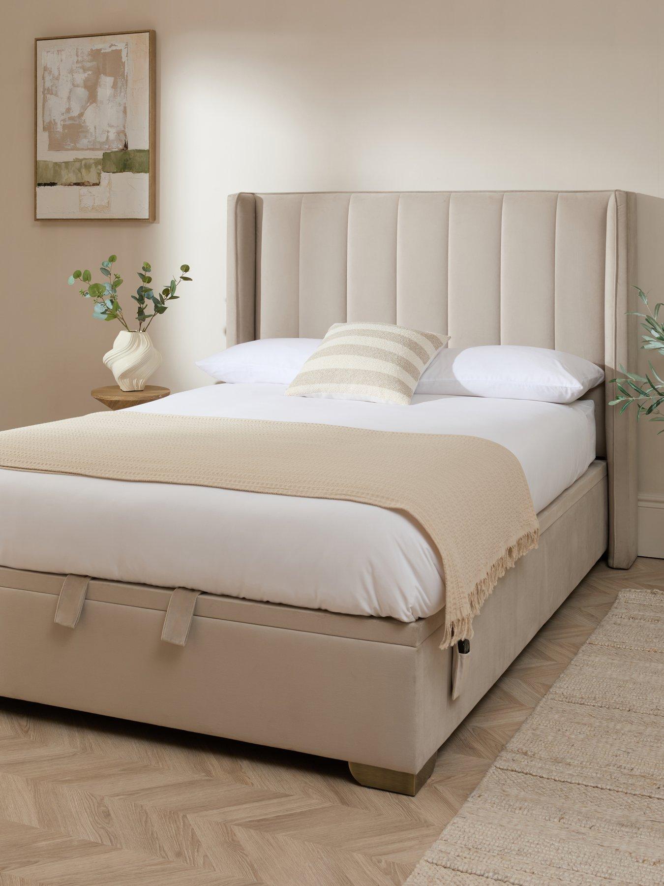 Image 1 of 7 of The Very Collection New Dakota Velvet Remote Control Auto End Lift Up Storage Ottoman Bed with Mattress Options (Buy &amp; SAVE!) &ndash; Natural