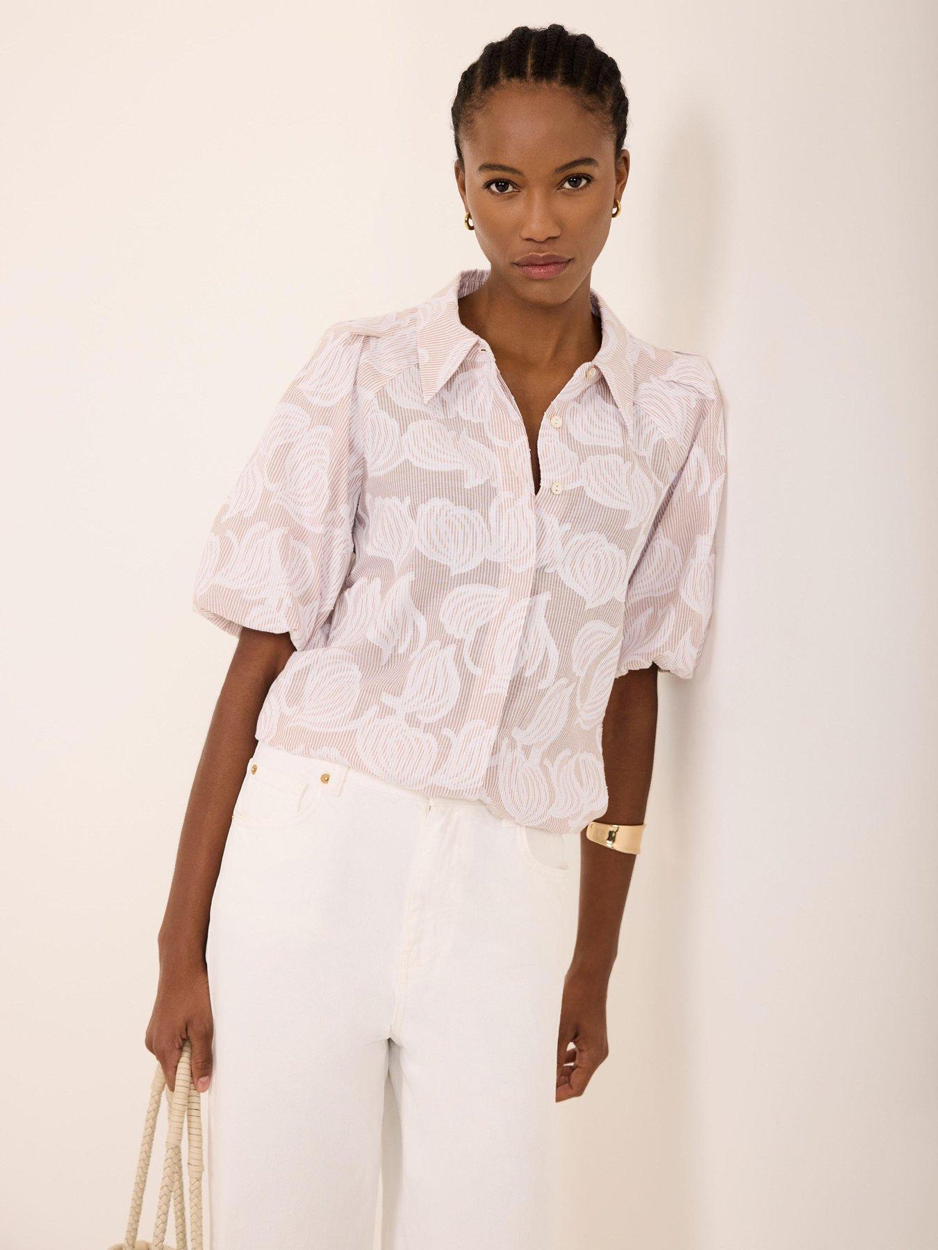 Image 1 of 6 of Mint Velvet Neutral Jacquard Puff Top - Cream
