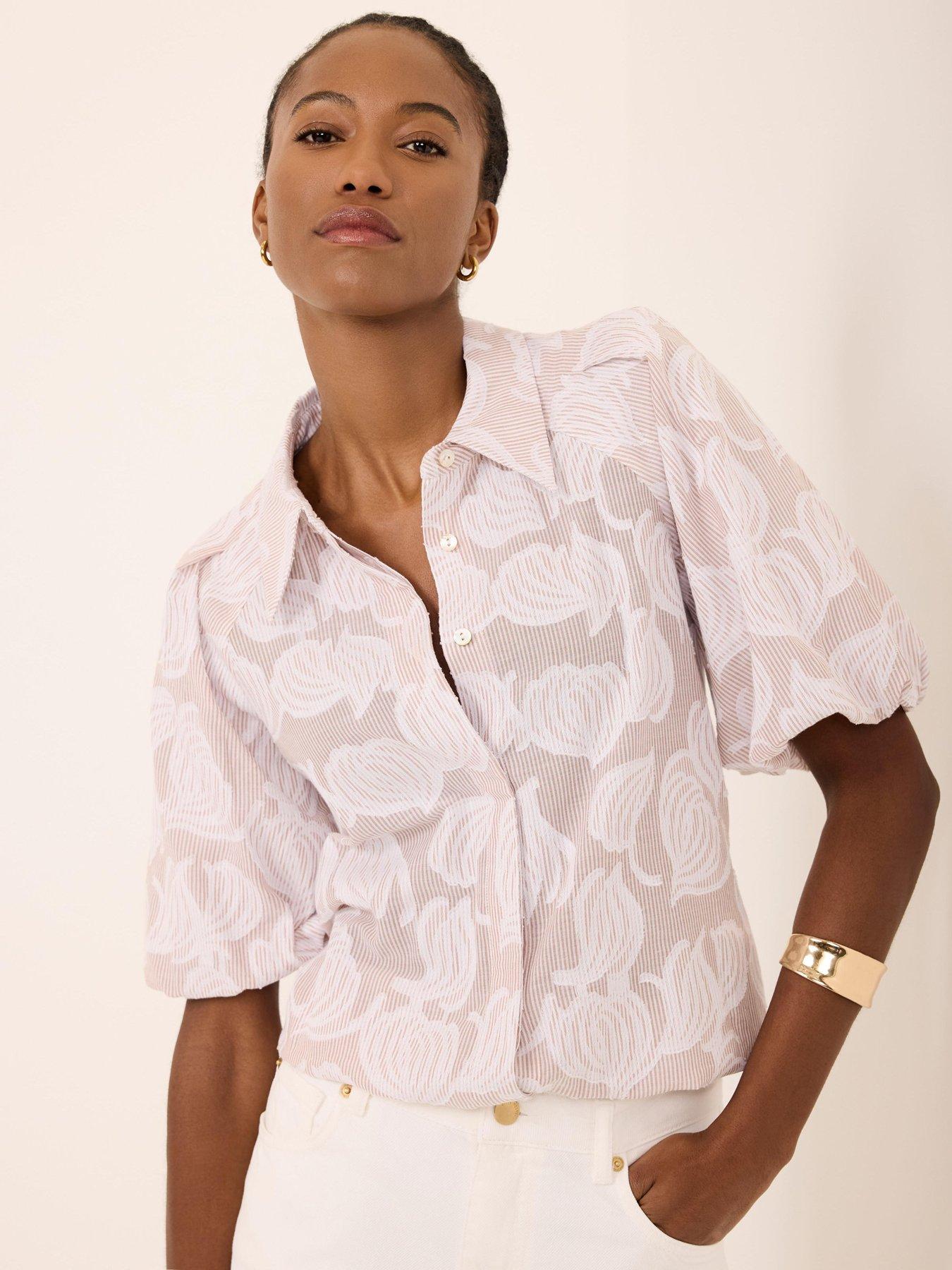 Image 2 of 6 of Mint Velvet Neutral Jacquard Puff Top - Cream