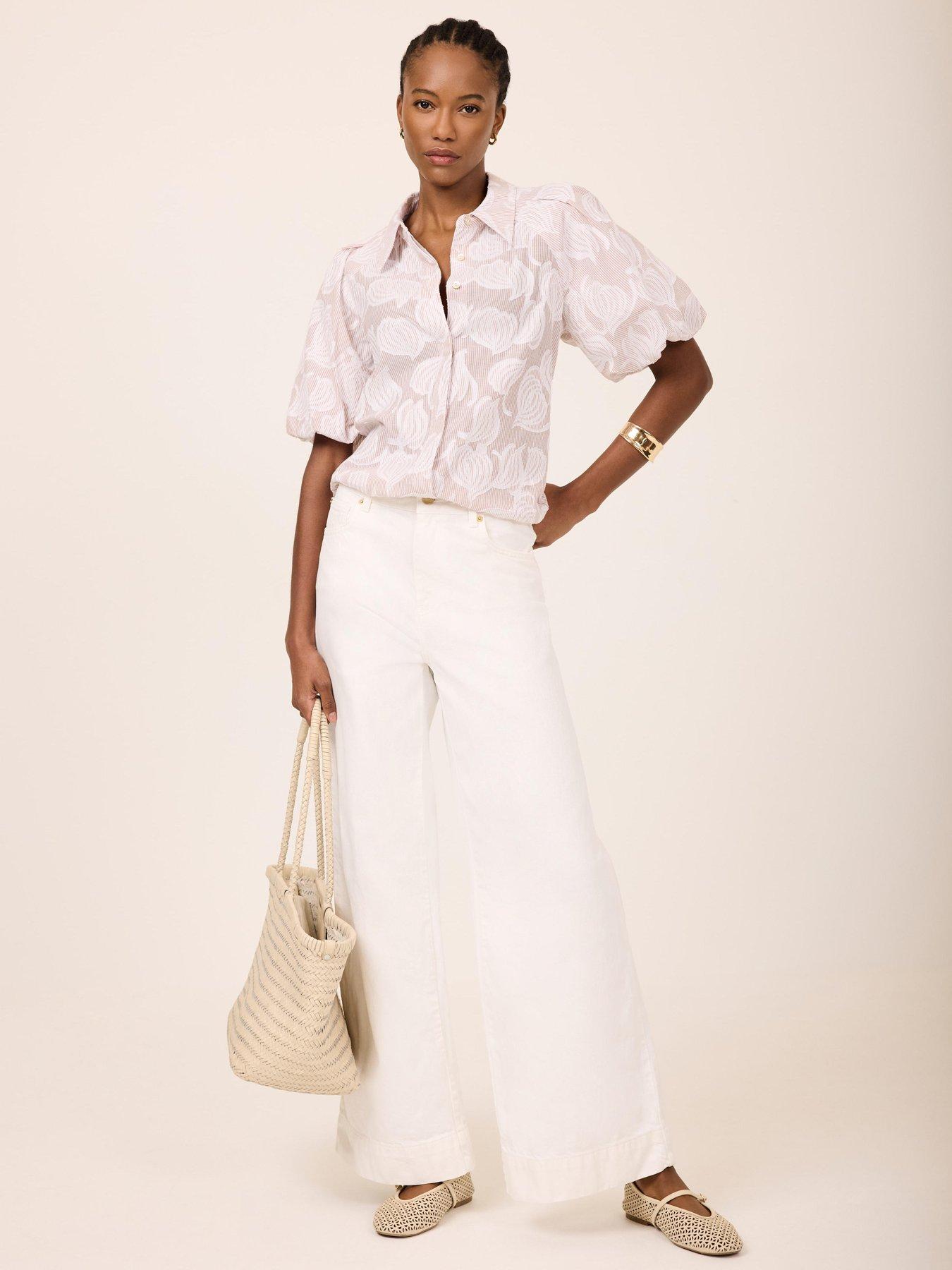 Image 3 of 6 of Mint Velvet Neutral Jacquard Puff Top - Cream