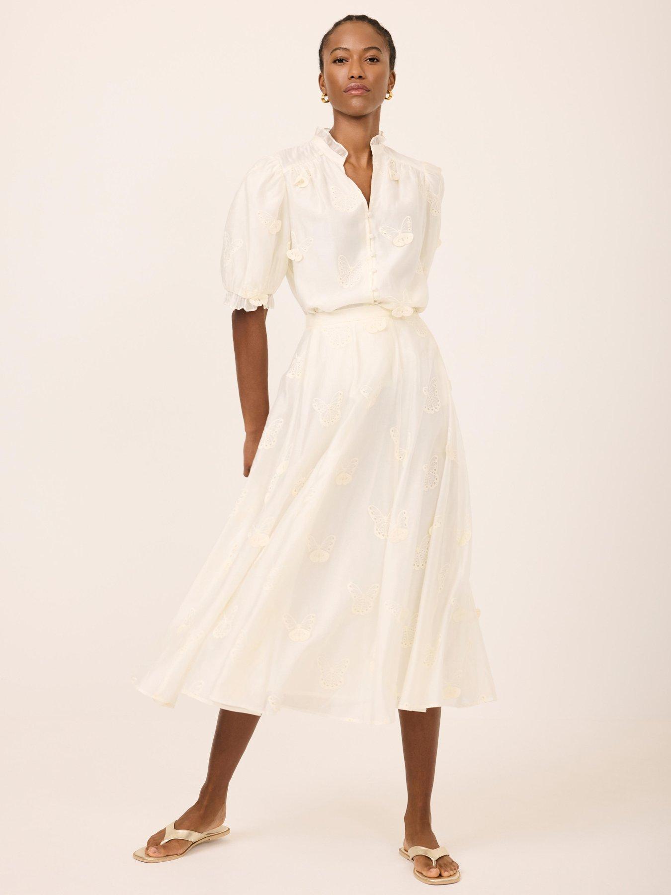 Image 1 of 6 of Mint Velvet Butterfly Embroidered Skirt - White