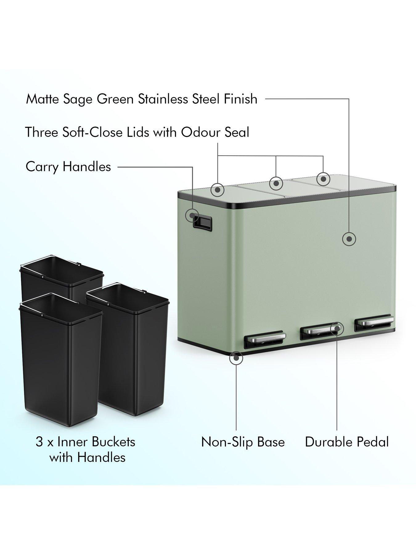 Image 4 of 7 of Vonhaus Matte Sage Green Triple Bin - 45l