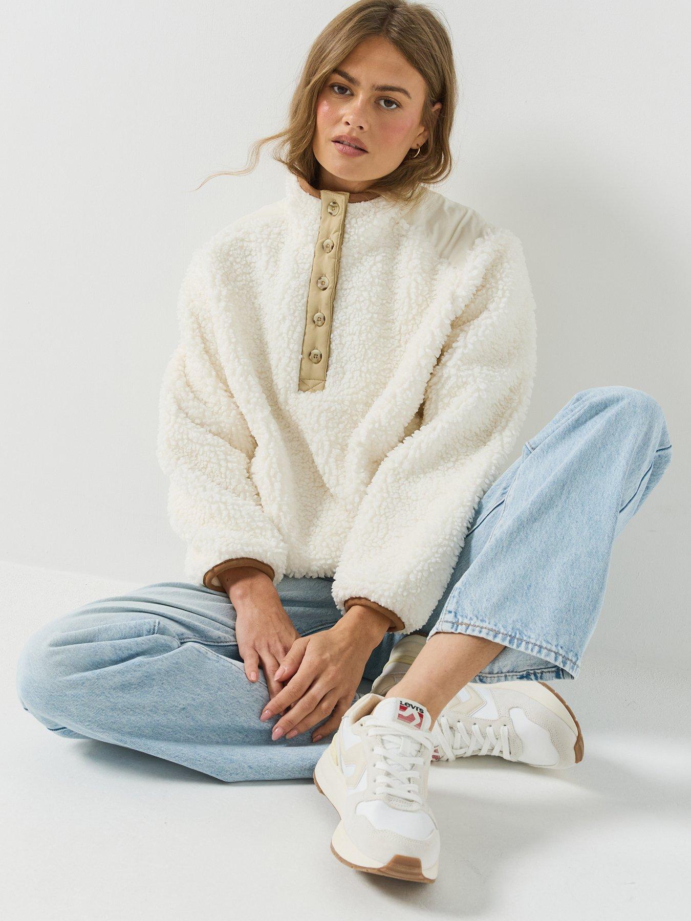 Image 4 of 6 of Levi's Womens Iris Popper Placket High Neck Sherpa Fleece Jumper - White