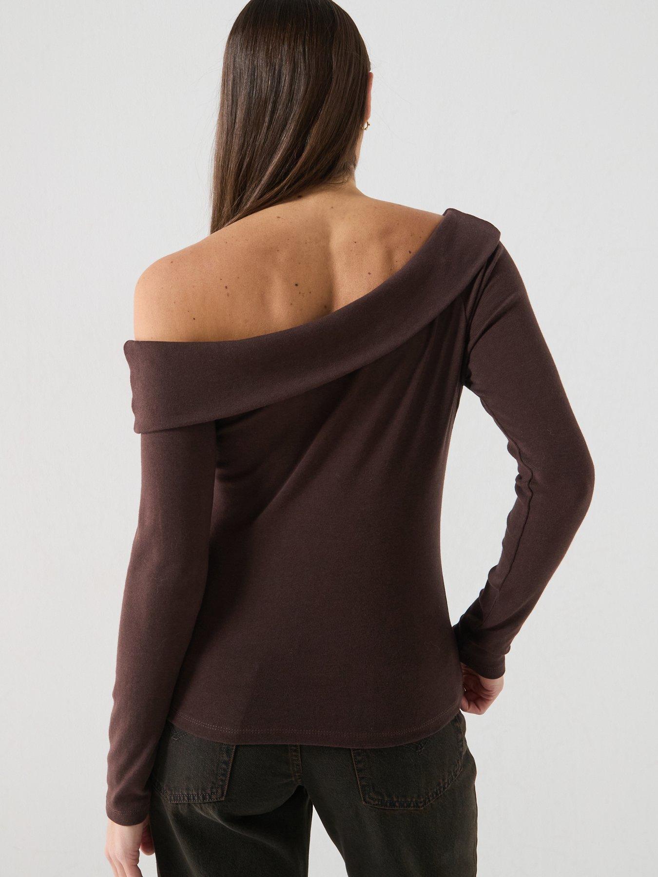 Image 2 of 5 of Levi's Womens Clara Off-The-Shoulder Ribbed Striped Bardot Top &nbsp;Brown