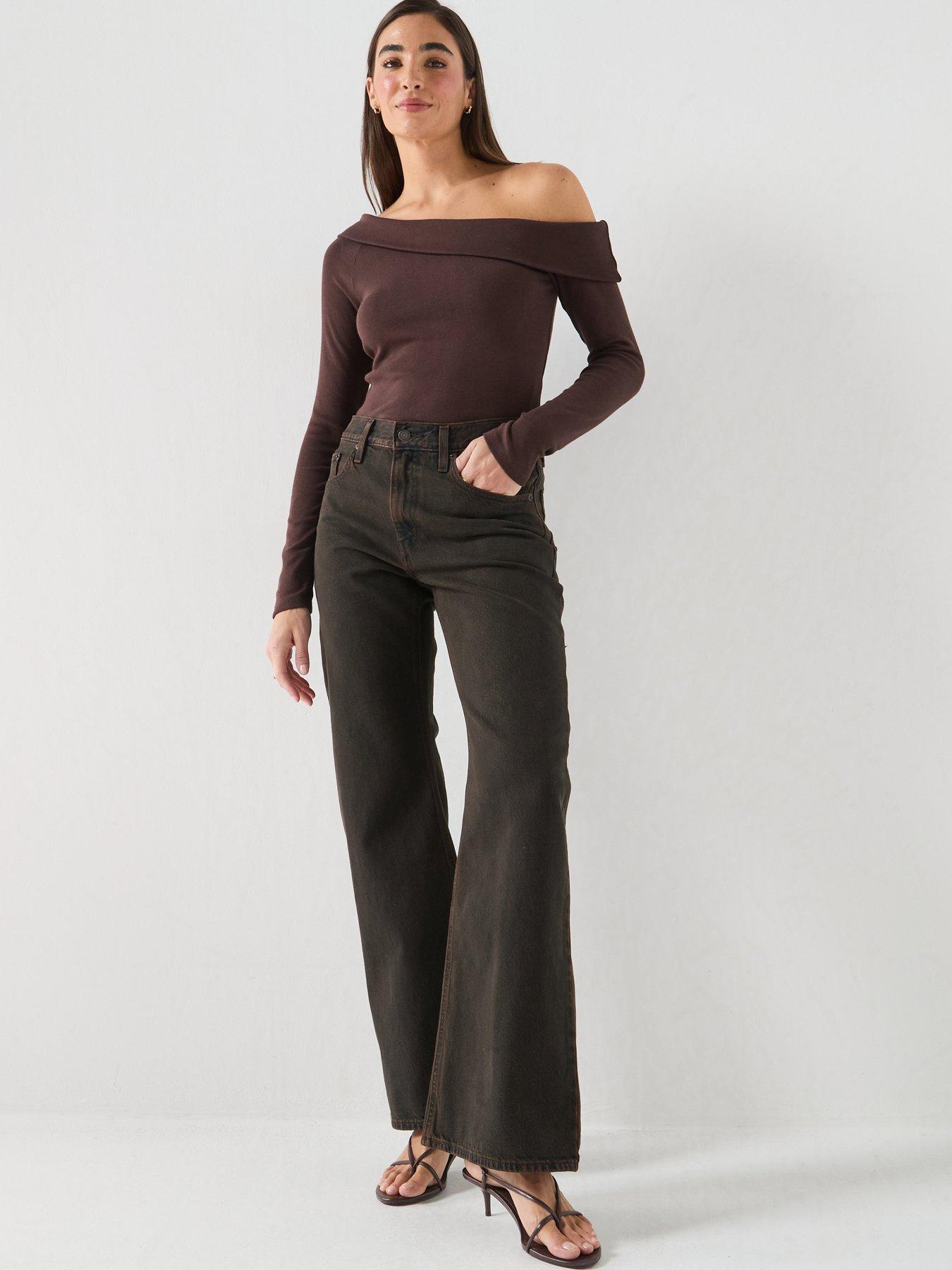Image 3 of 5 of Levi's Womens Clara Off-The-Shoulder Ribbed Striped Bardot Top &nbsp;Brown