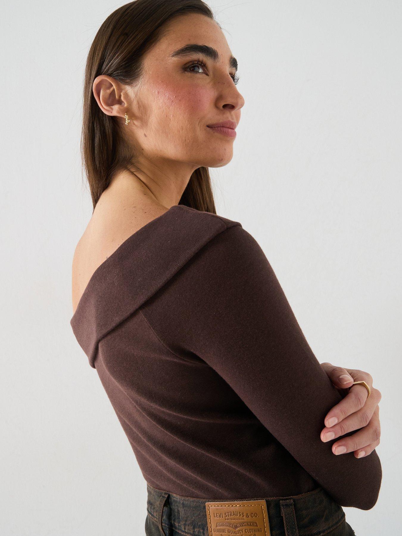 Image 5 of 5 of Levi's Womens Clara Off-The-Shoulder Ribbed Striped Bardot Top &nbsp;Brown