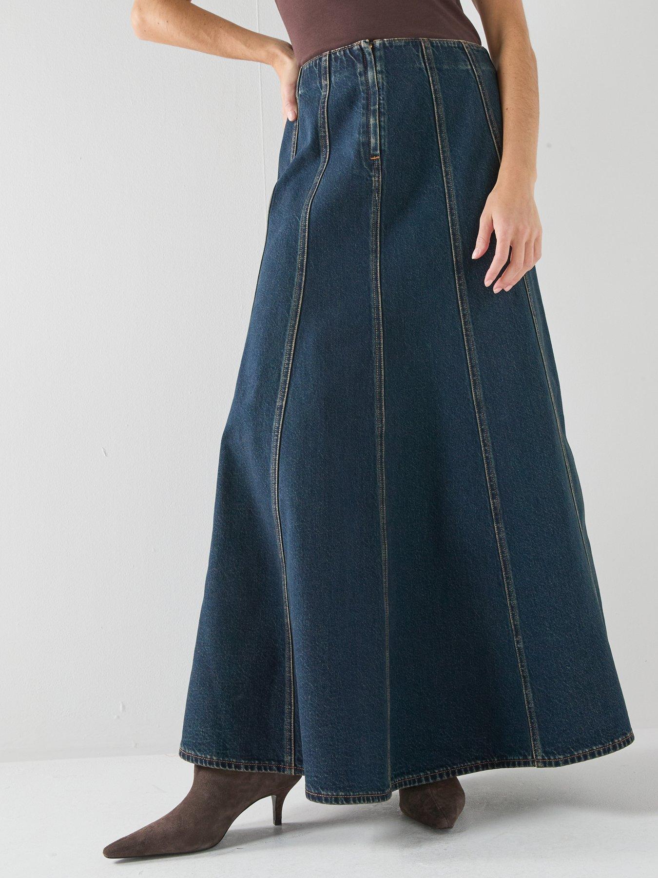 Image 1 of 6 of Levi's Seamed Flare Maxi Denim Skirt - High Vibration Clean - Dark Blue