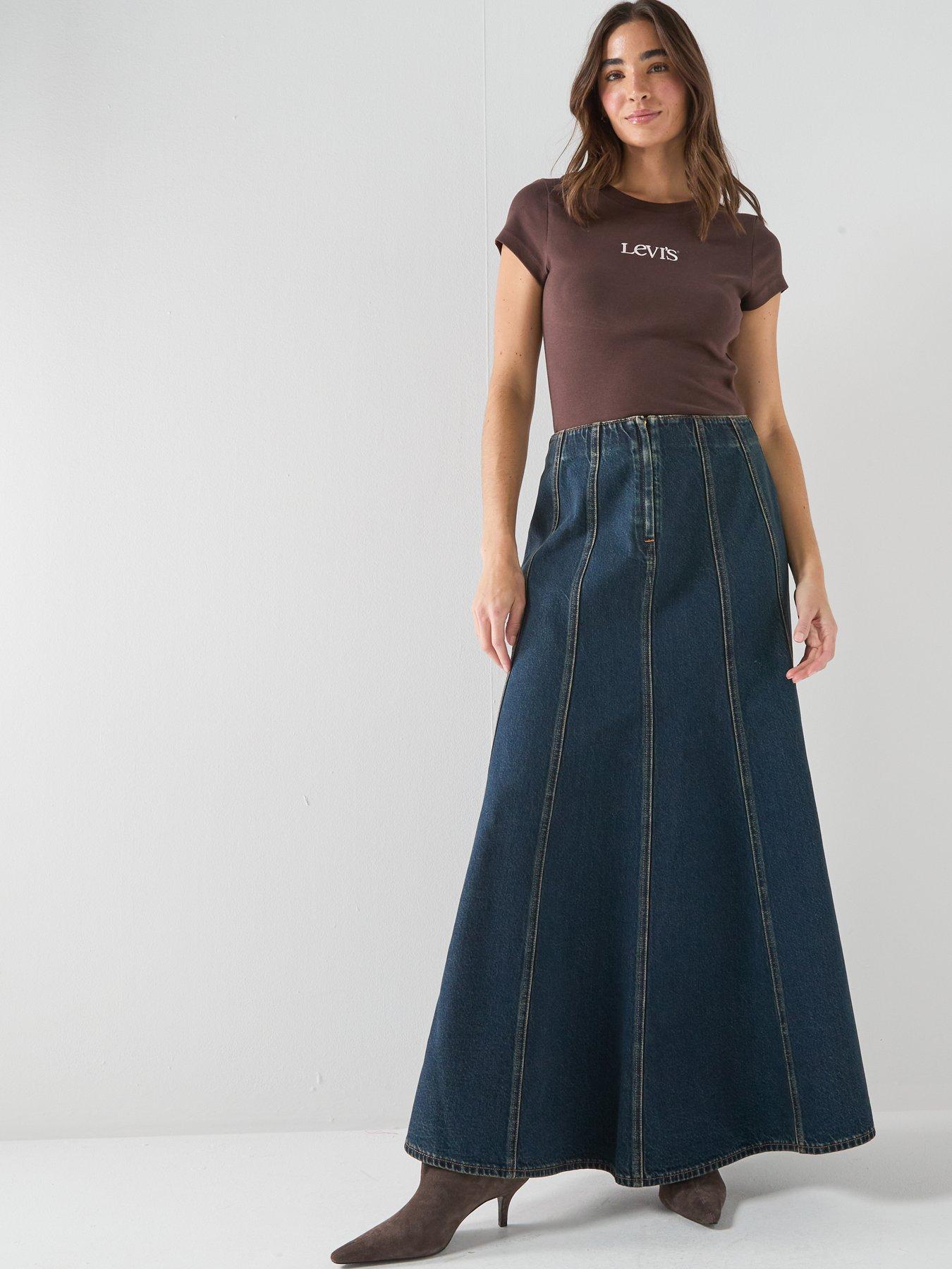 Image 5 of 6 of Levi's Seamed Flare Maxi Denim Skirt - High Vibration Clean - Dark Blue