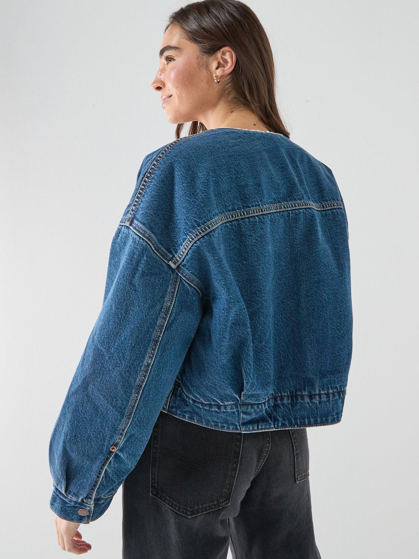 Image 2 of 6 of Levi's Collarless Crop Sherpa Trucker Denim Jacket - Blue