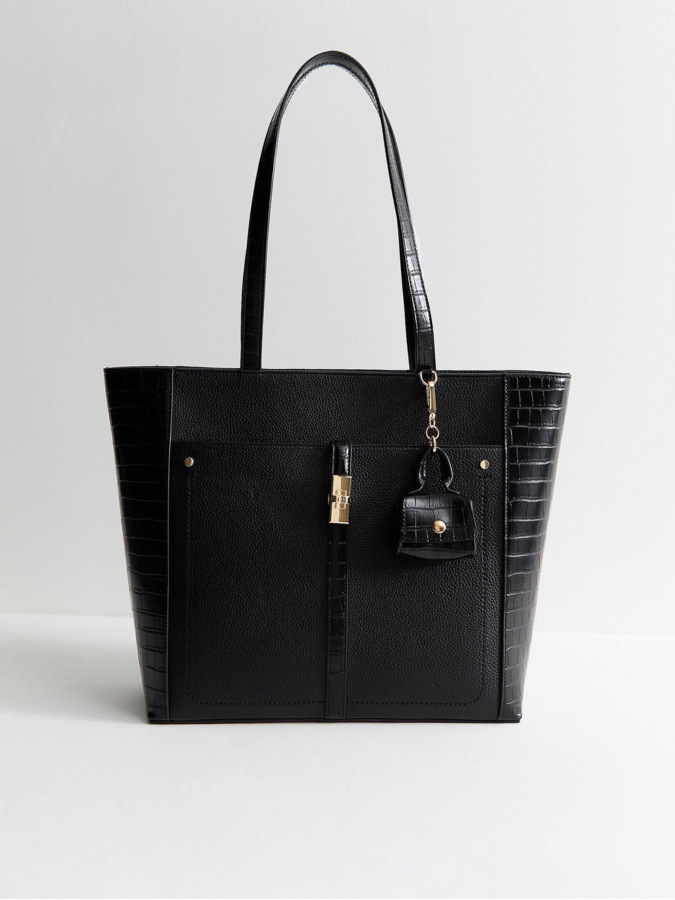 Image 1 of 4 of New Look Faux Leather Croc Embossed Tote School&nbsp;Bag - Black