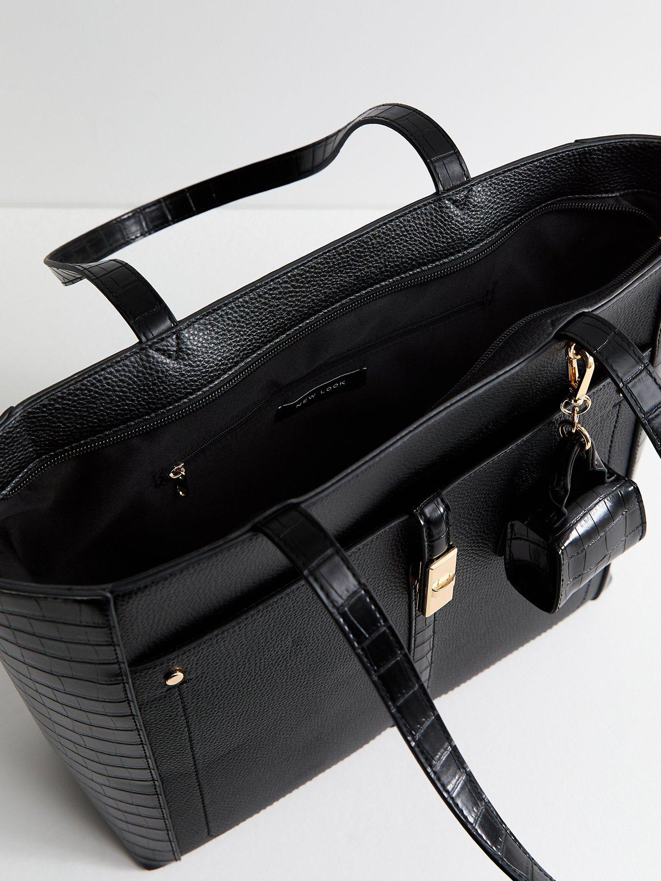 Image 3 of 4 of New Look Faux Leather Croc Embossed Tote School&nbsp;Bag - Black