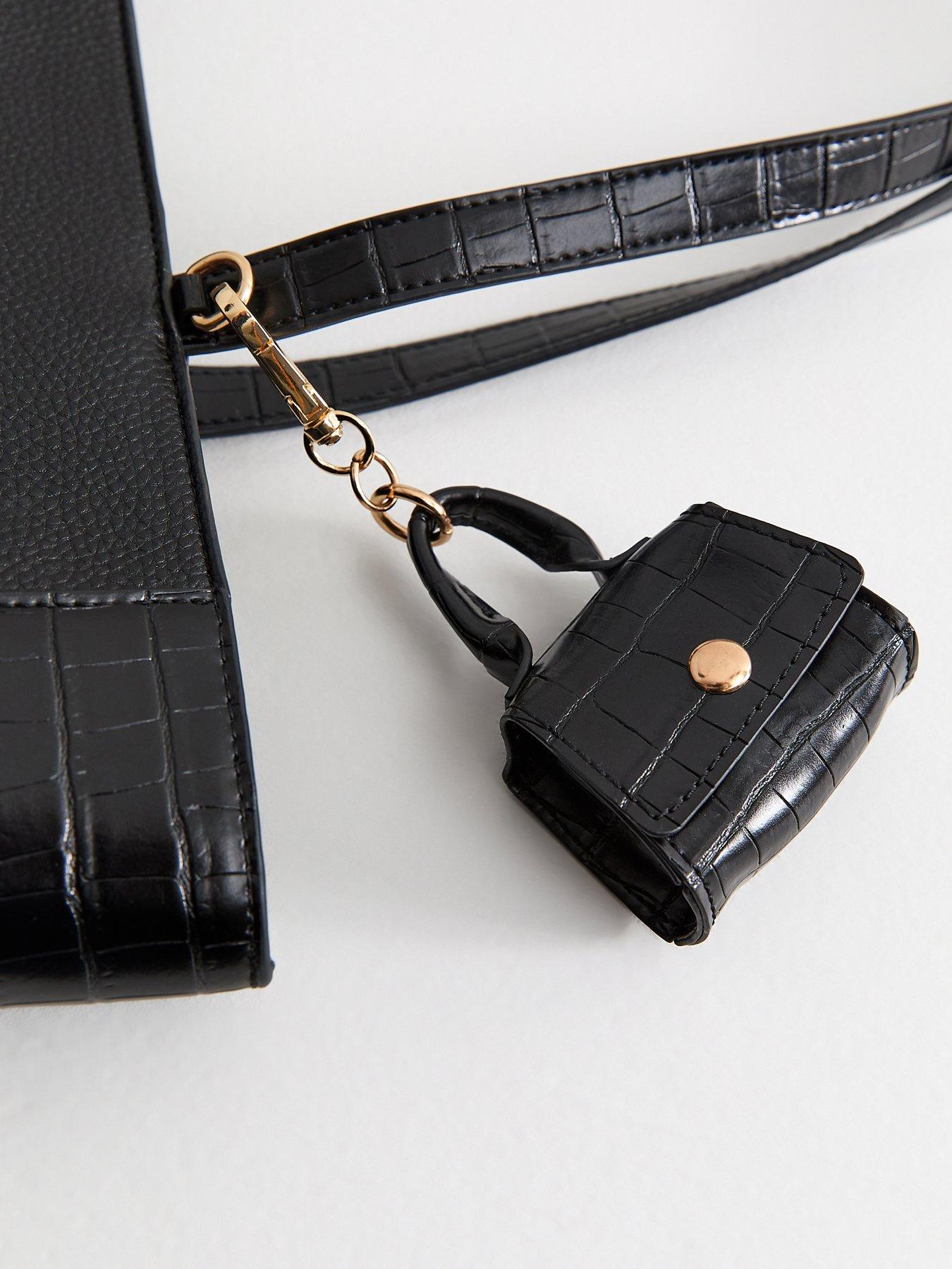 Image 4 of 4 of New Look Faux Leather Croc Embossed Tote School&nbsp;Bag - Black