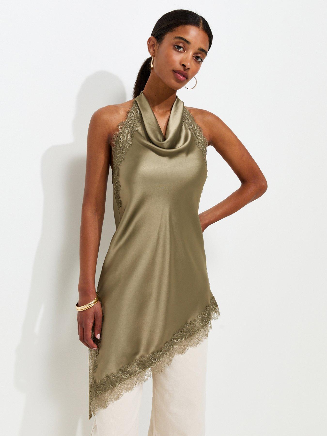 New Look Satin Lace Trim Asymmetric Hem Cowl Neck Top - Green